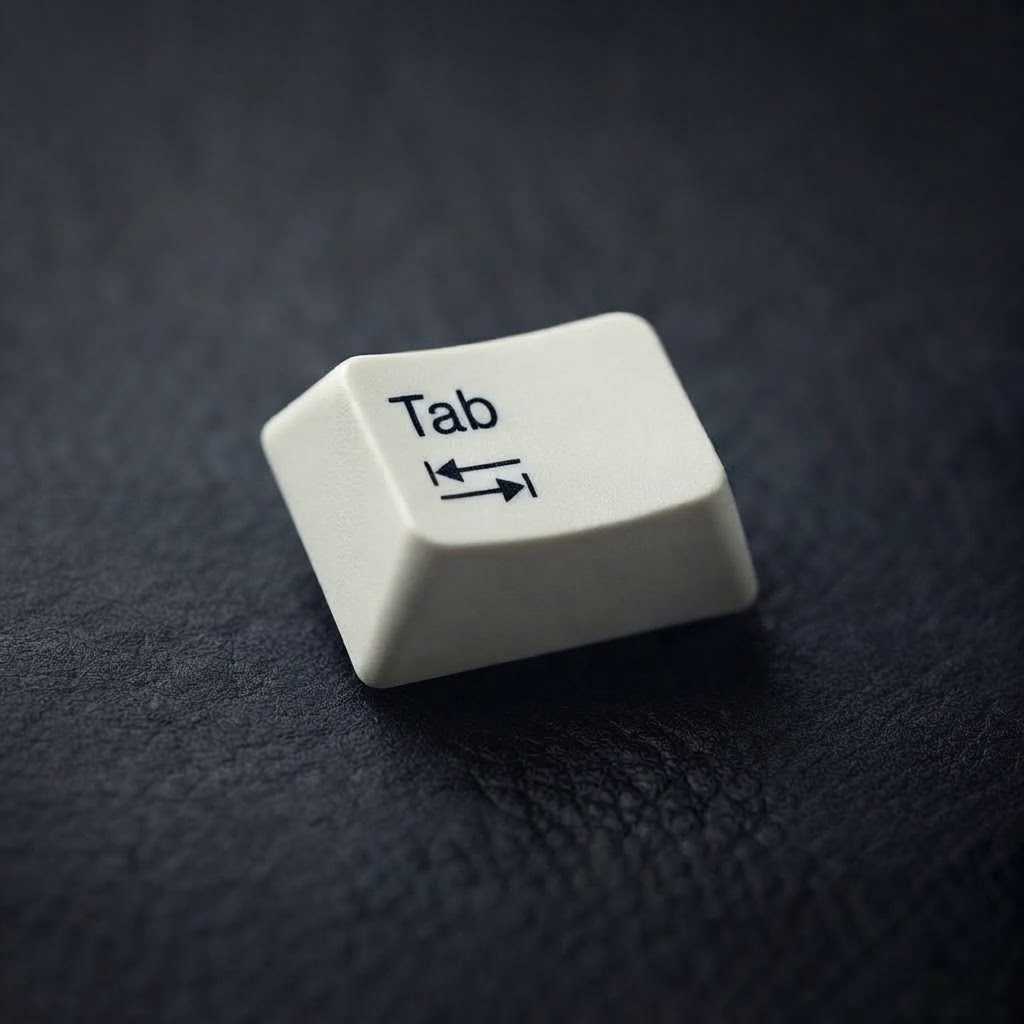 White Tab keycap with double arrows on dark leather.