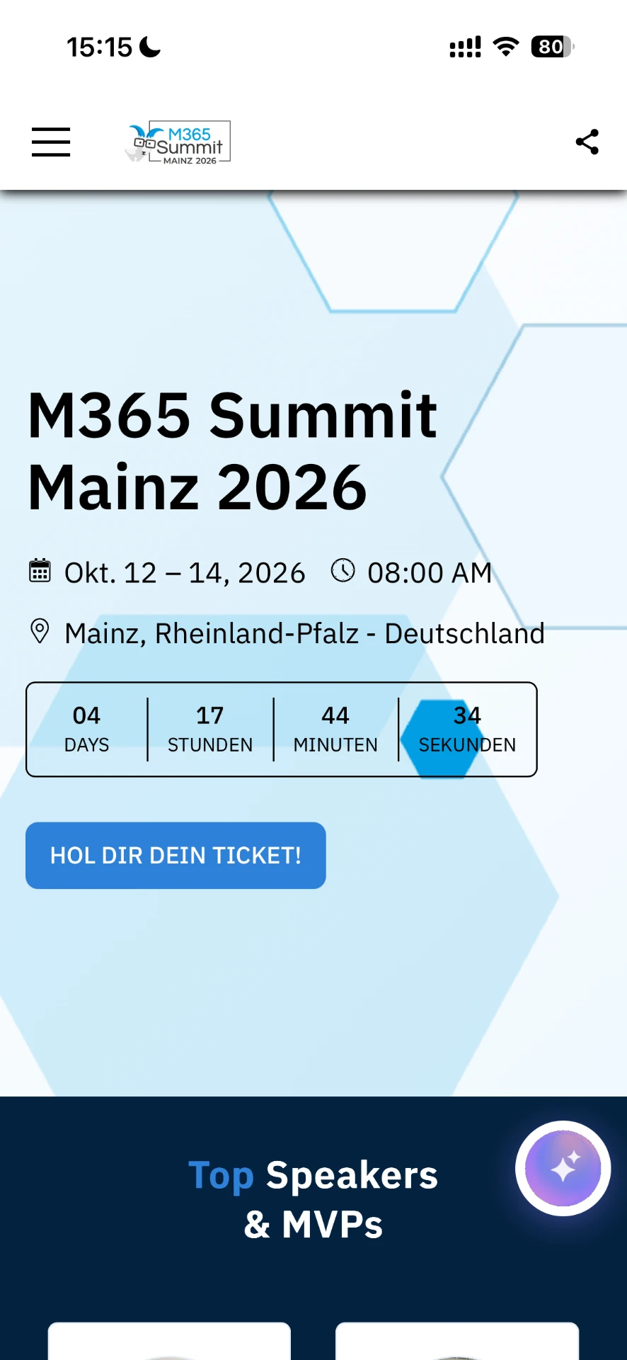Konferenz-App: Startseite mit Countdown und Ticket-Button
