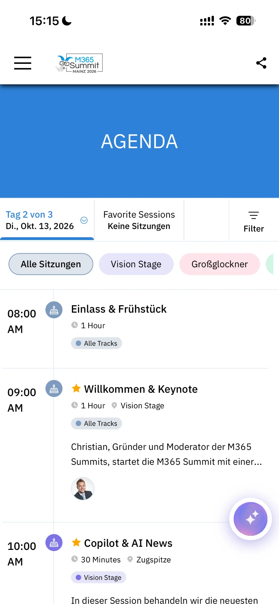 Konferenz-App: Agenda mit Favoriten und Track-Filter