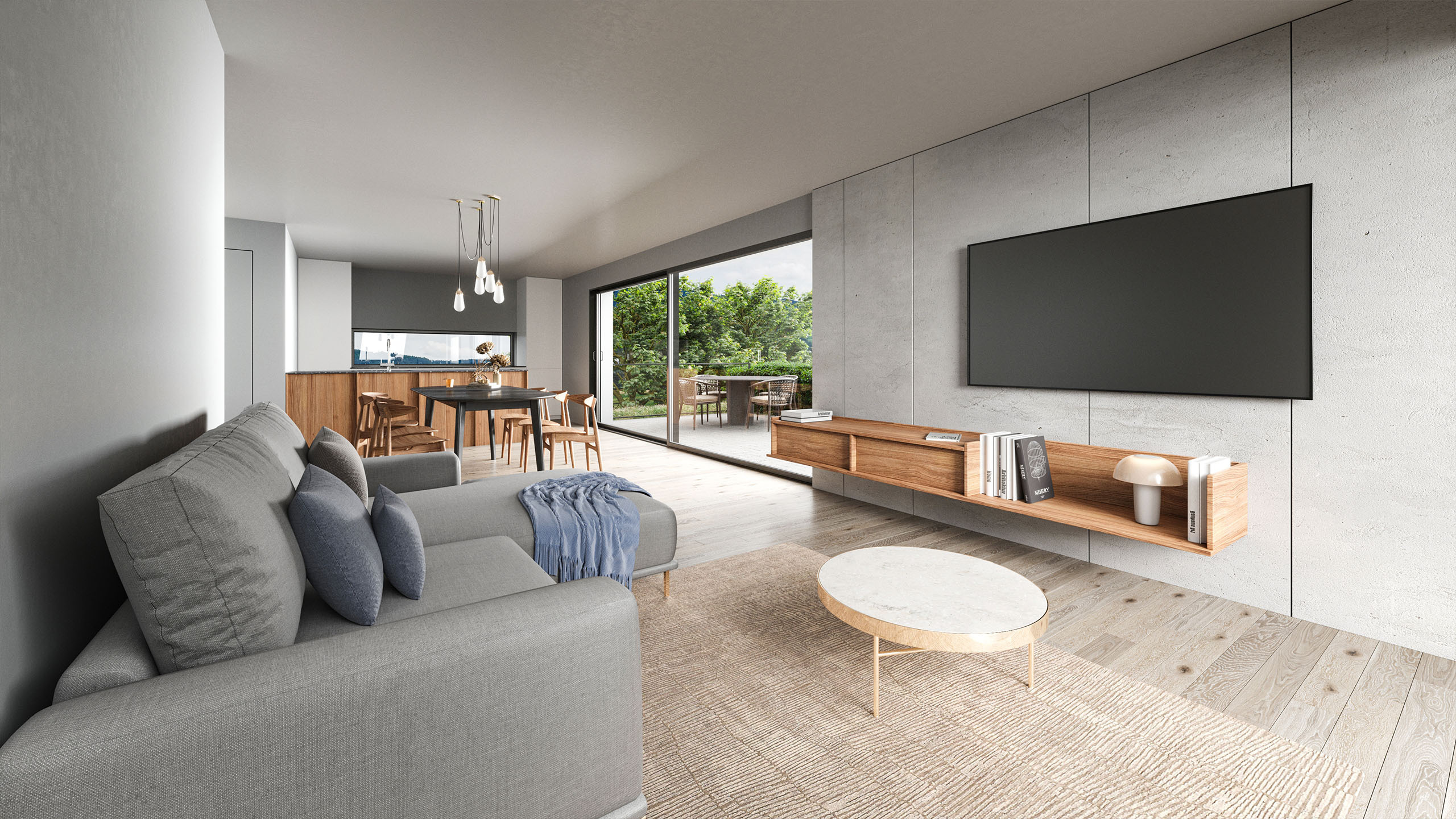 Wohnzimmer mit offener Küche (Visualisierung)