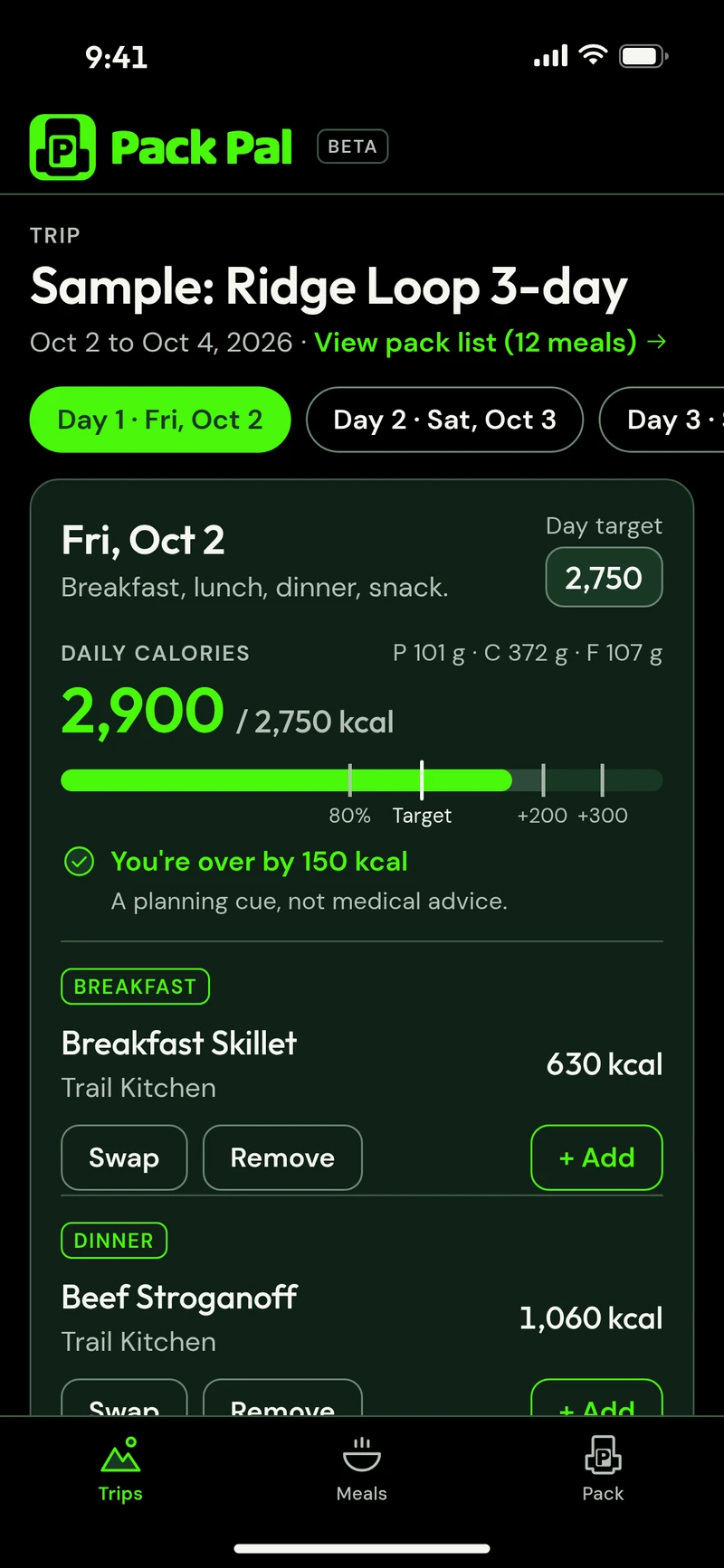 Sample screen from Pack Pal, a product in development