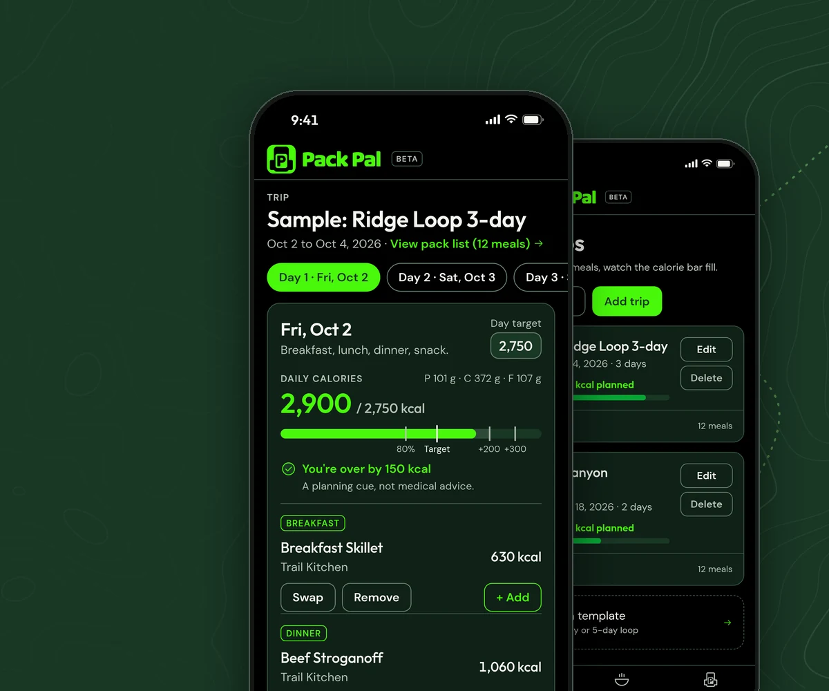 Two Pack Pal screens on iPhone: a trip day with a green calorie bar, and the My Trips list, on a dark green topographic background