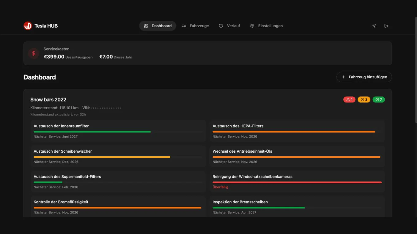 Dashboard der Web-App service.tesla-hub.com