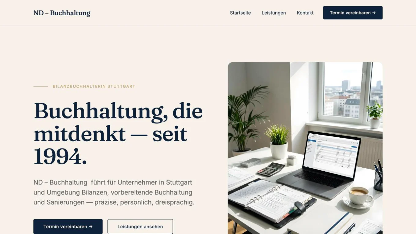 Startseite der Website ND – Buchhaltung