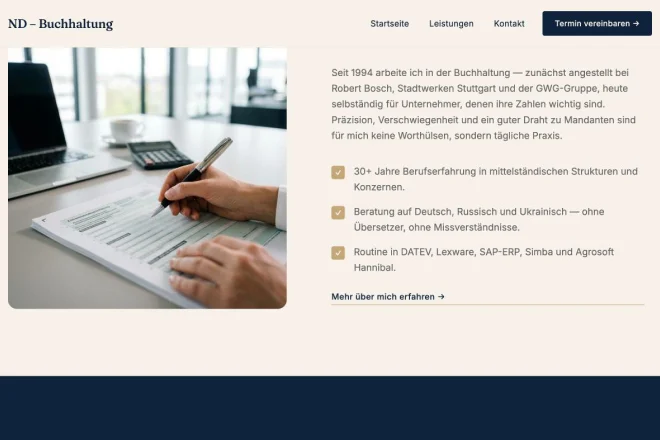 Über-mich-Bereich der Website ND – Buchhaltung