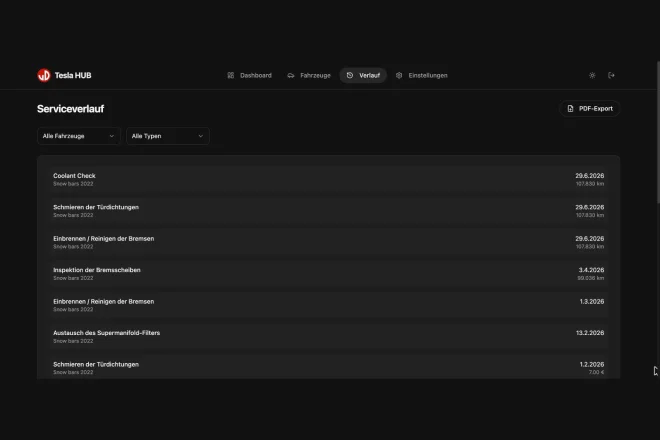 Serviceverlauf in der Web-App service.tesla-hub.com