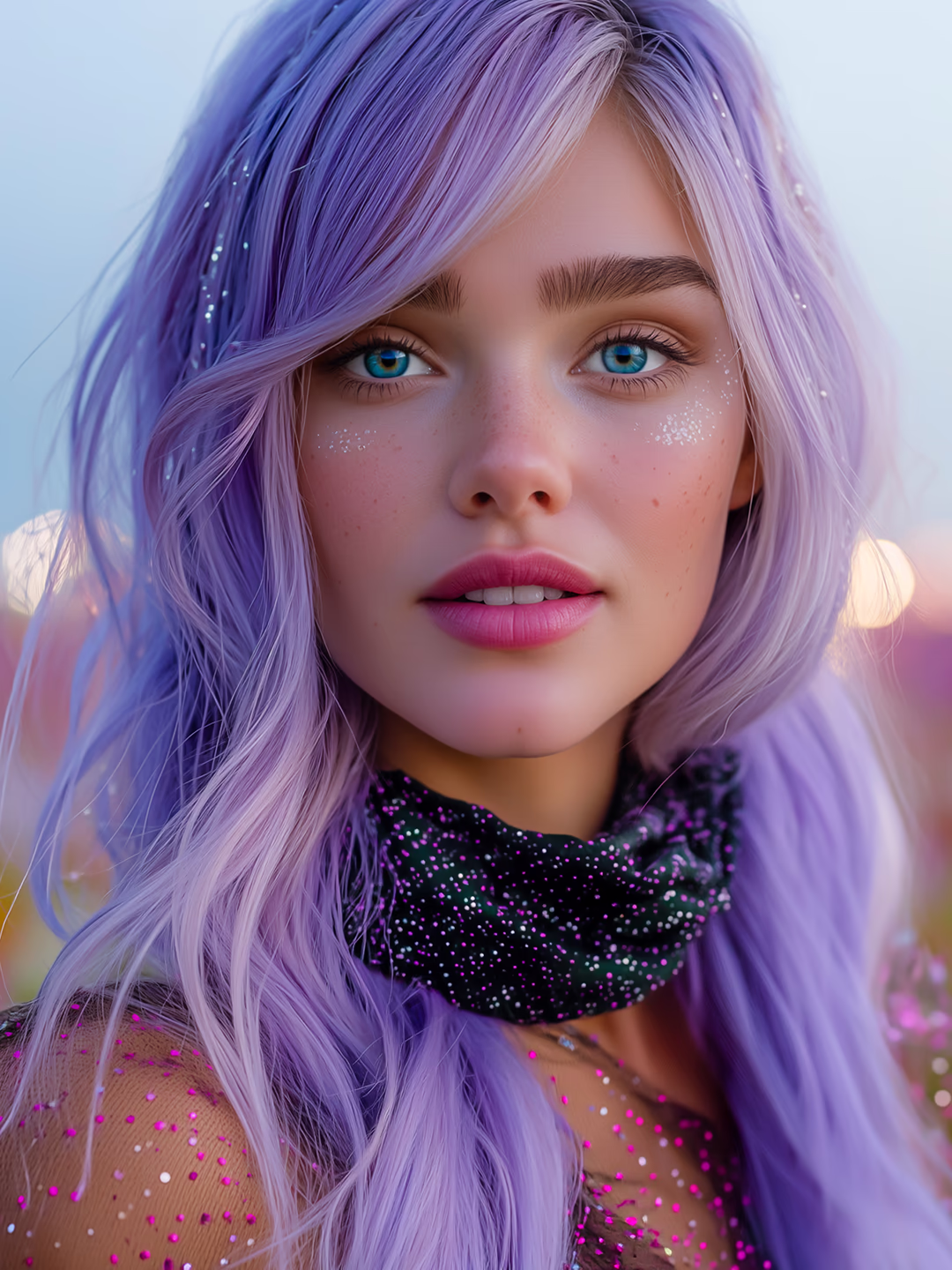 Original final Hana Verse Portrait 14 lavender-haired editorial portrait with a lilac-and-sunset backdrop and a dark scarf.