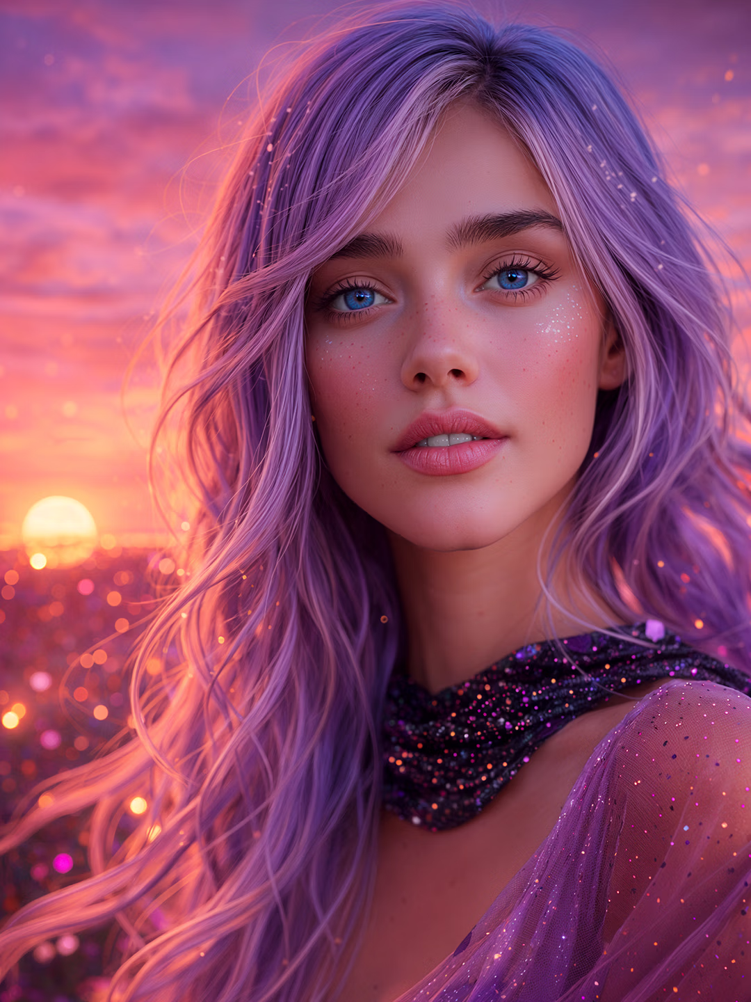 Original final Hana Verse GPT 8 sunset portrait, lavender hair and dark sparkled scarf against a glowing pink-orange skyline.