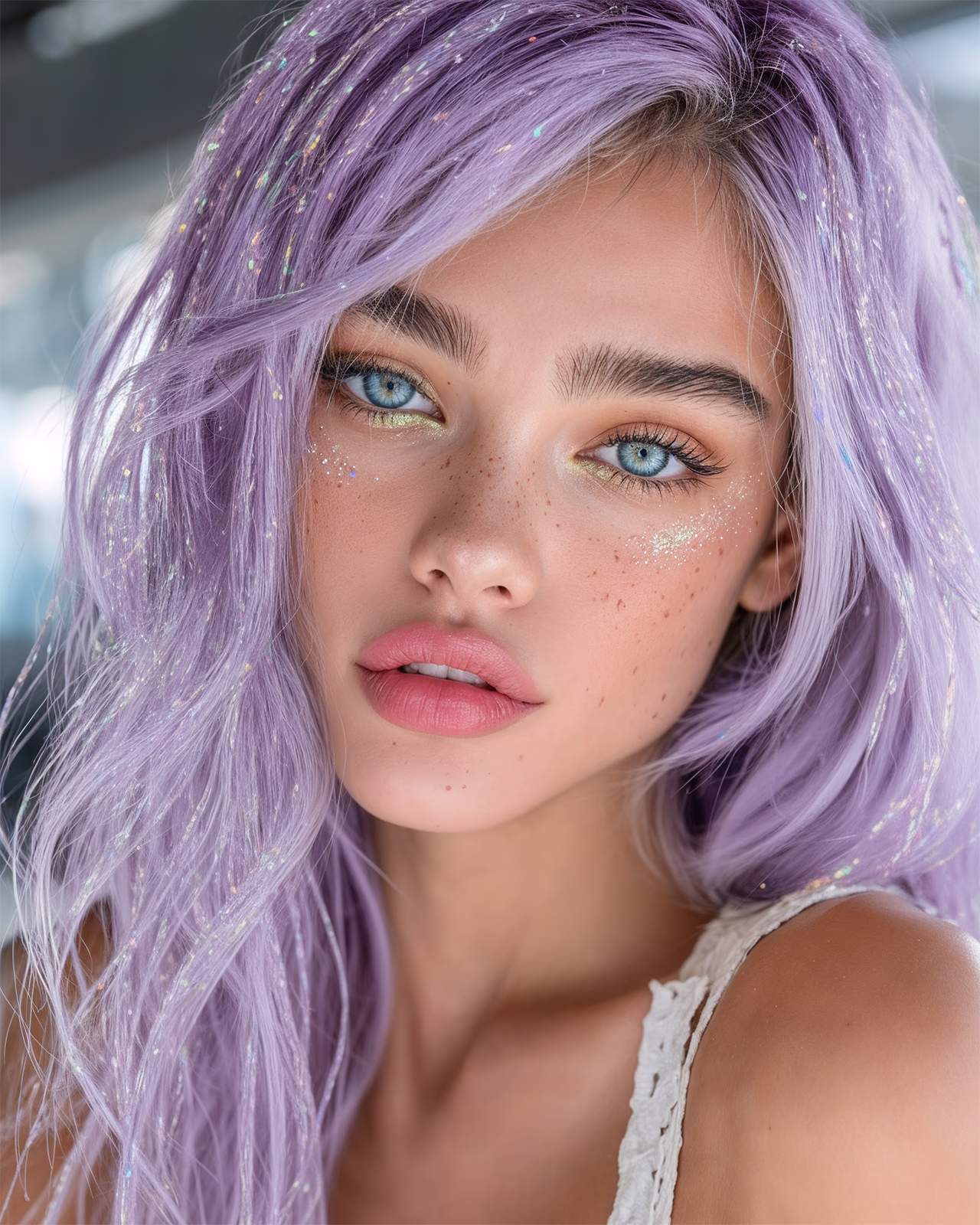The definitive Hana face-lock master portrait selected by the artist: flowing lavender hair, bright blue eyes, soft freckles and a dark patterned scarf.