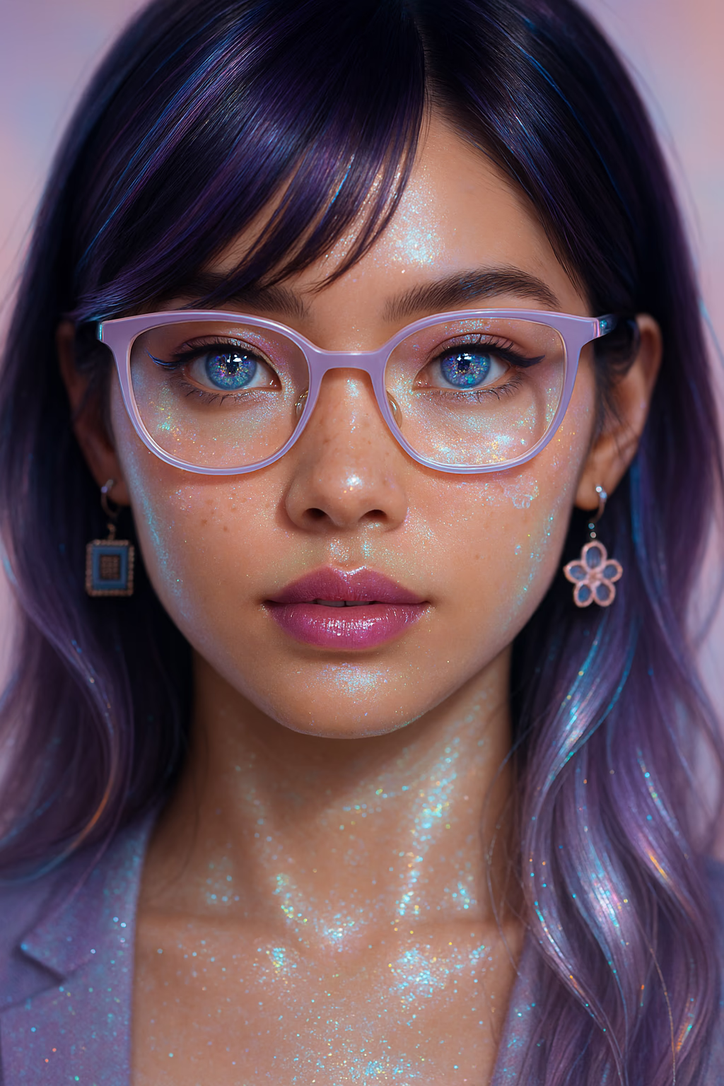 Original early Hana GenAIra iridescent portrait with lavender glasses and luminous makeup.