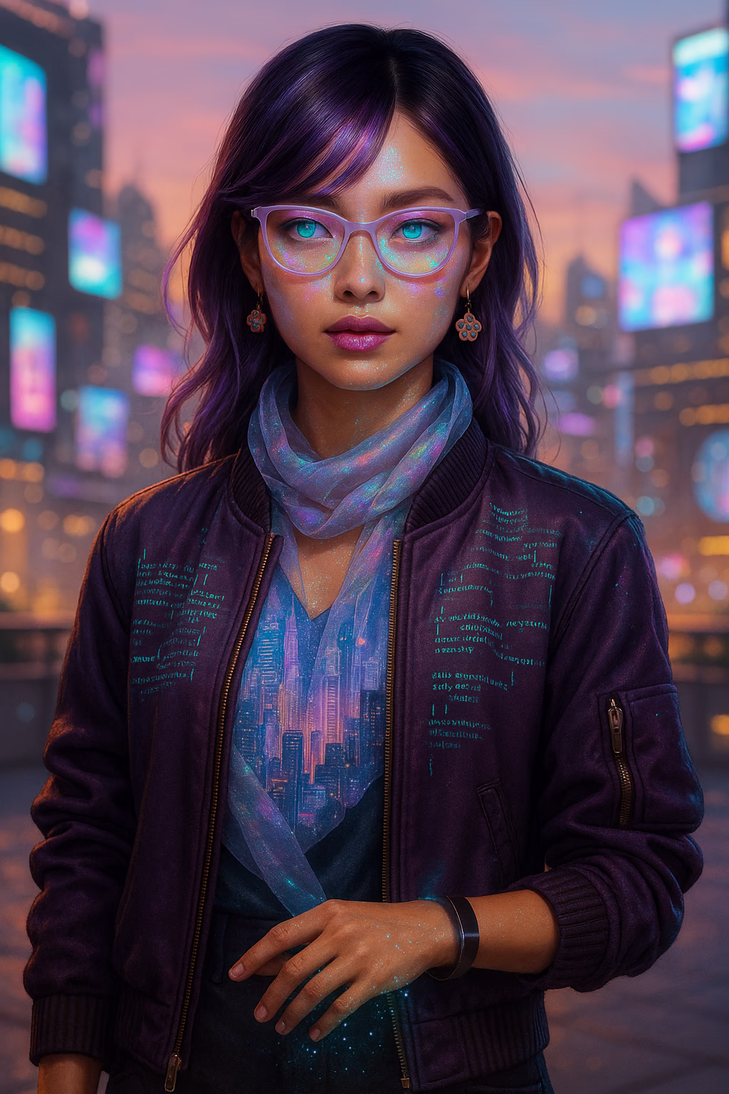 Original Hana GenAIra futuristic city scene with lavender glasses, iridescent styling and urban lights.