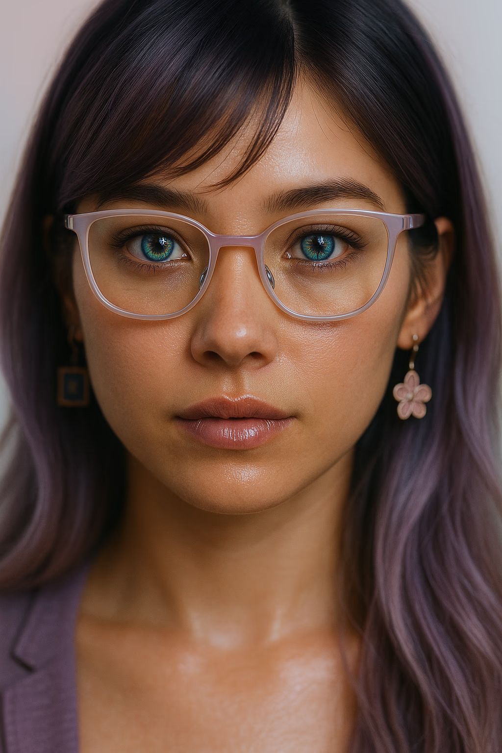 Original first-generation Hana GenAIra close portrait with pale glasses and dark-to-lavender hair.