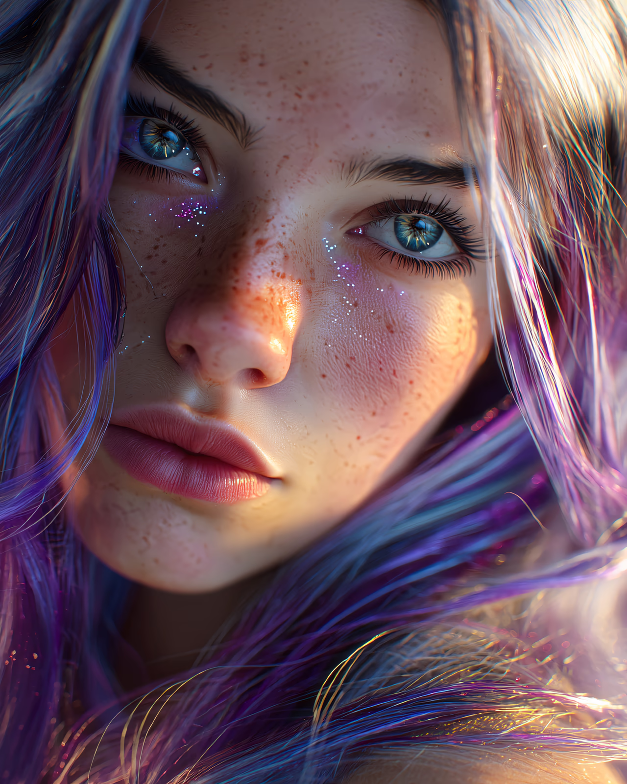 Hana Face 4 early consistency portrait, close three-quarter angle with lavender hair, luminous skin, and blue-green eyes.