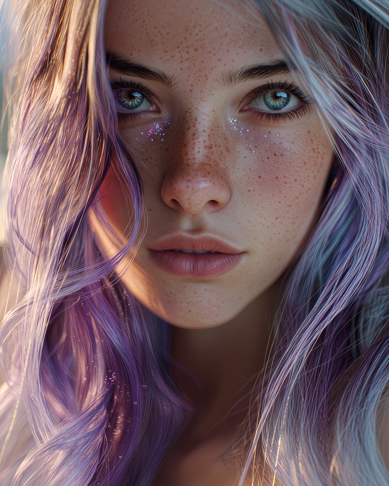 Original Face 6 developing-Hana frontal beauty portrait with blue eyes and silvery lavender hair.