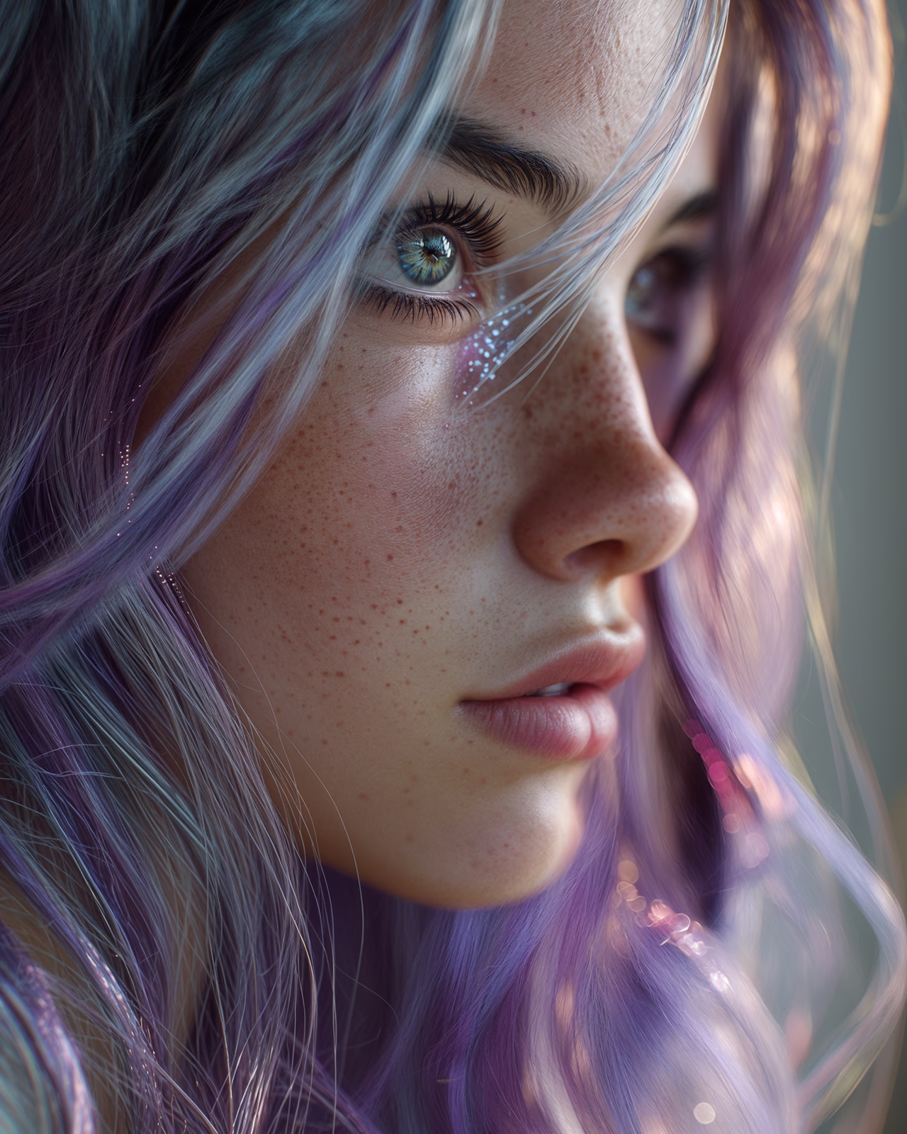 Original Face 7 developing-Hana three-quarter profile showing lilac hair and luminous lighting.