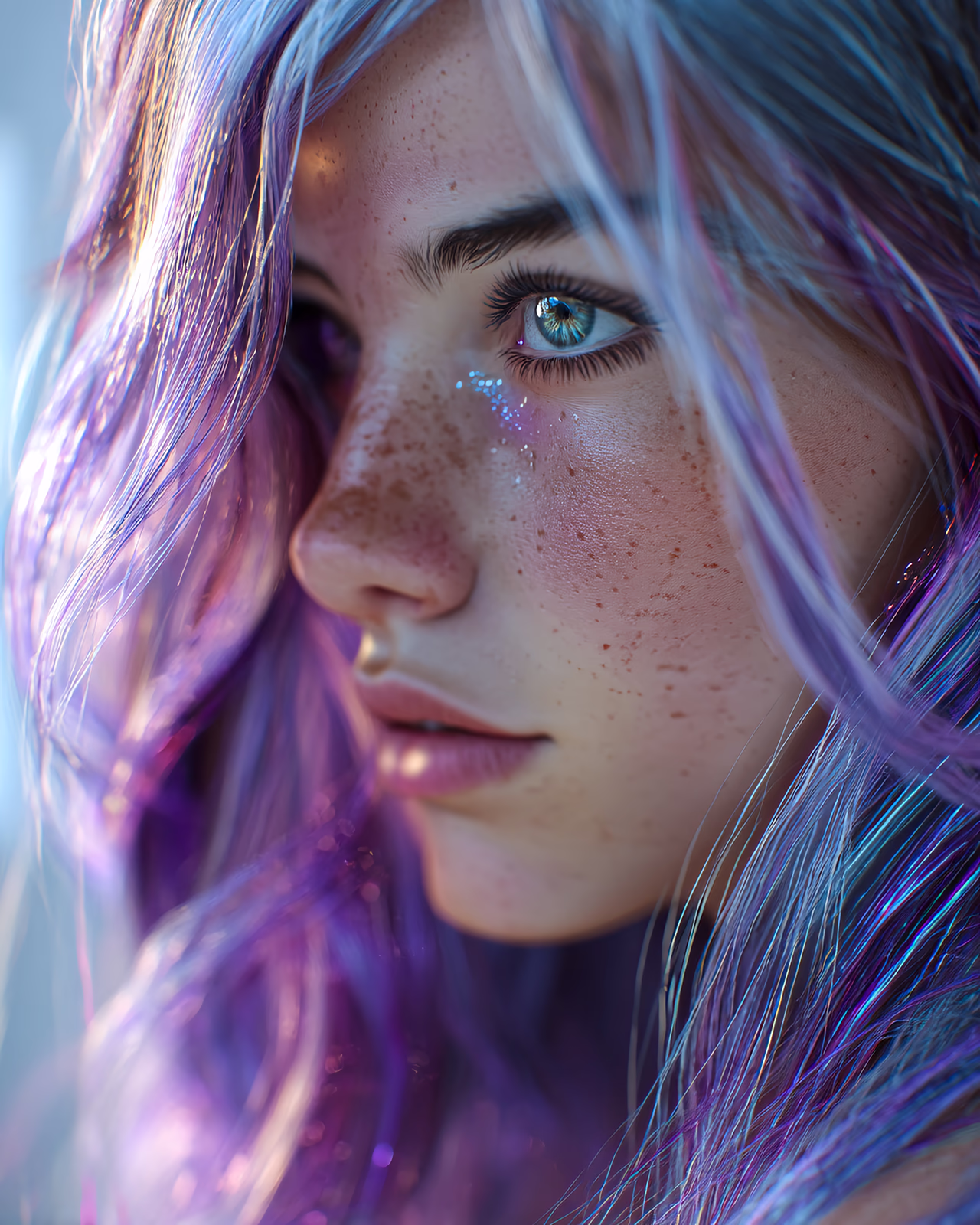 Hana Face 10 early consistency portrait from a side-facing viewpoint, lavender and silvery hair in soft light.