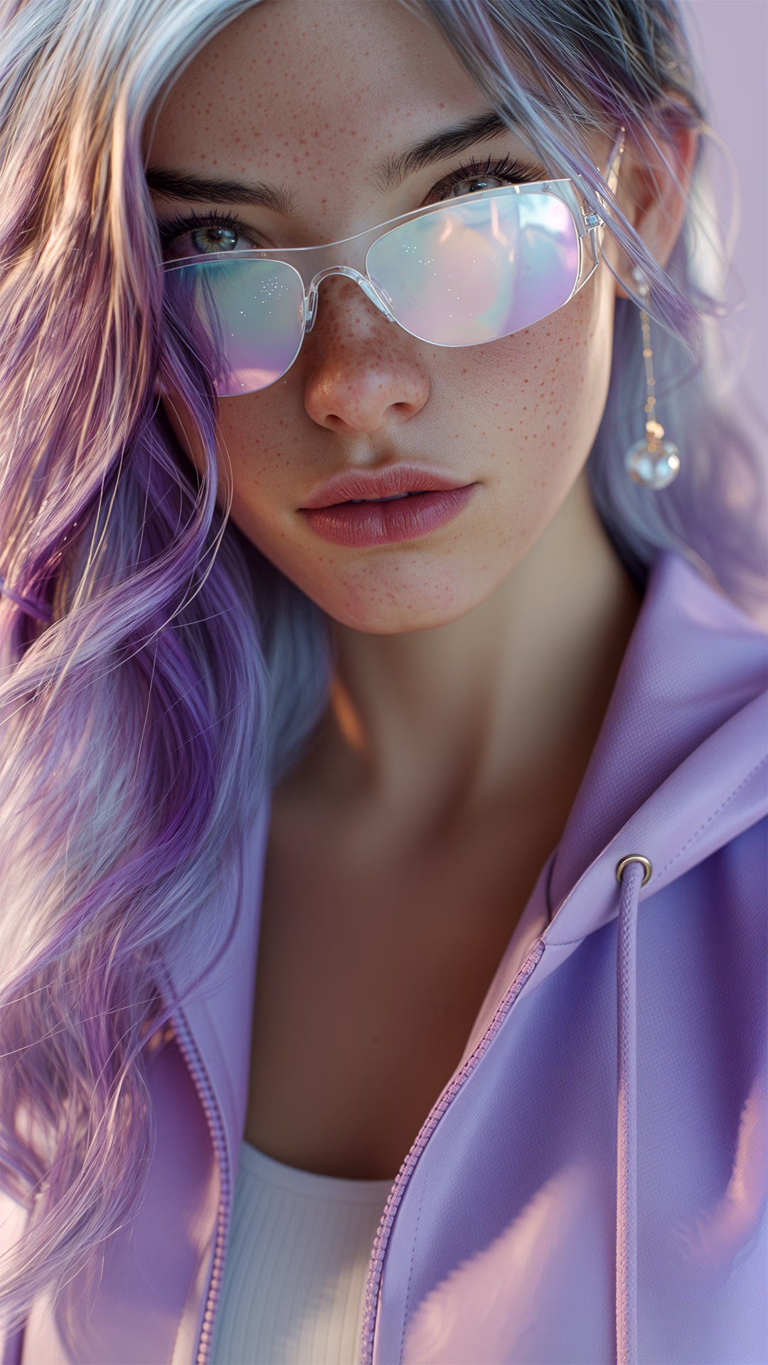 Original Face 12 Hana exploratory portrait wearing iridescent glasses and soft lilac clothing.