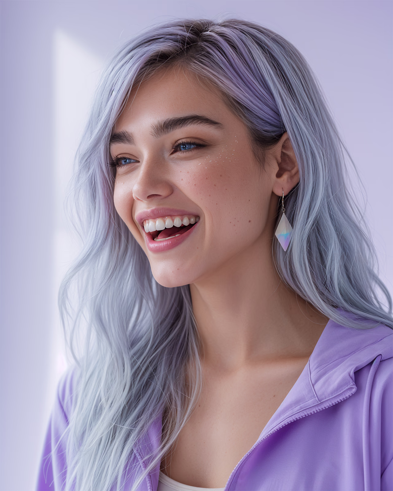 Hana laughing openly with lavender silver hair and a lilac jacket.