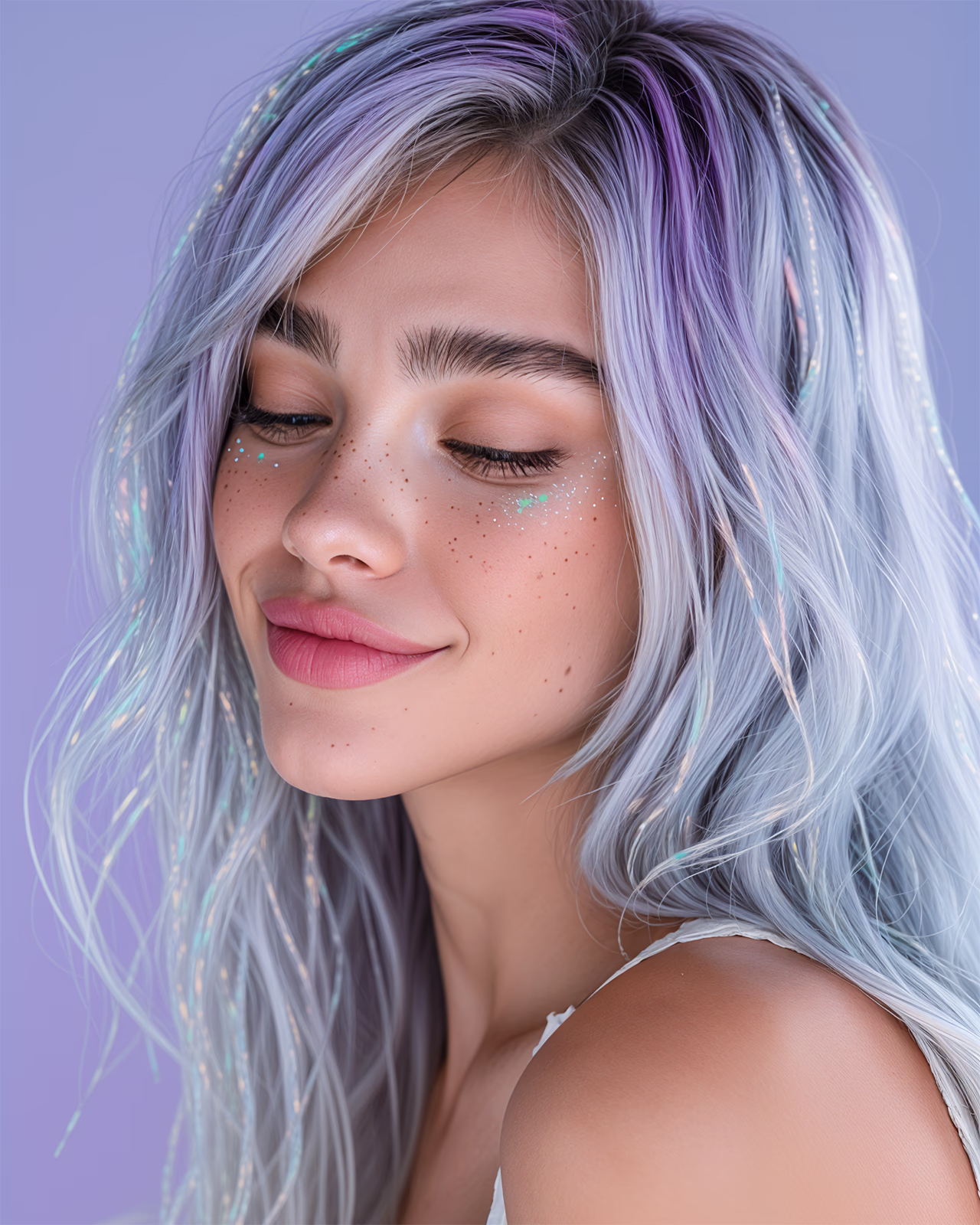 Hana with eyes gently closed and a serene soft smile against a lilac backdrop.
