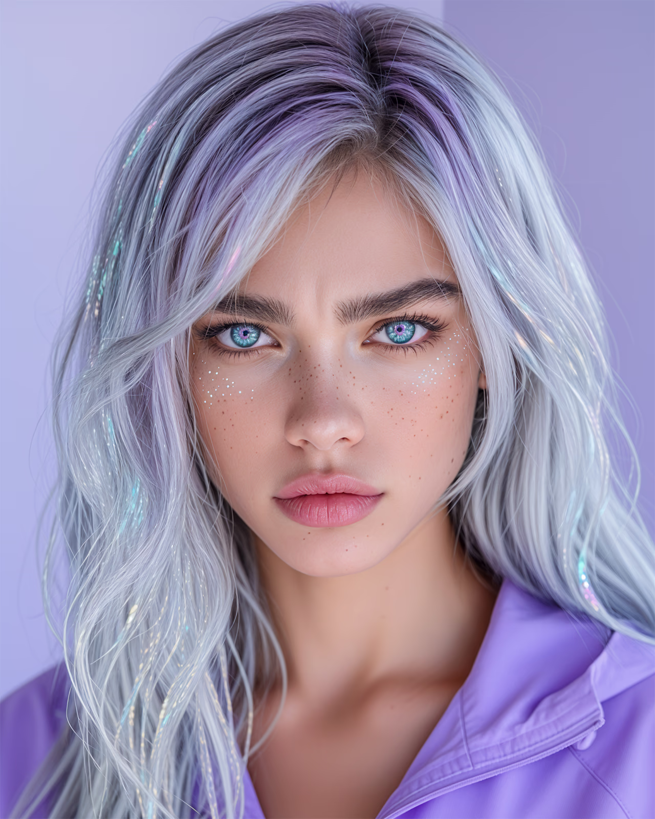 Hana looking directly toward camera with a focused serious expression and pale-lilac hair.