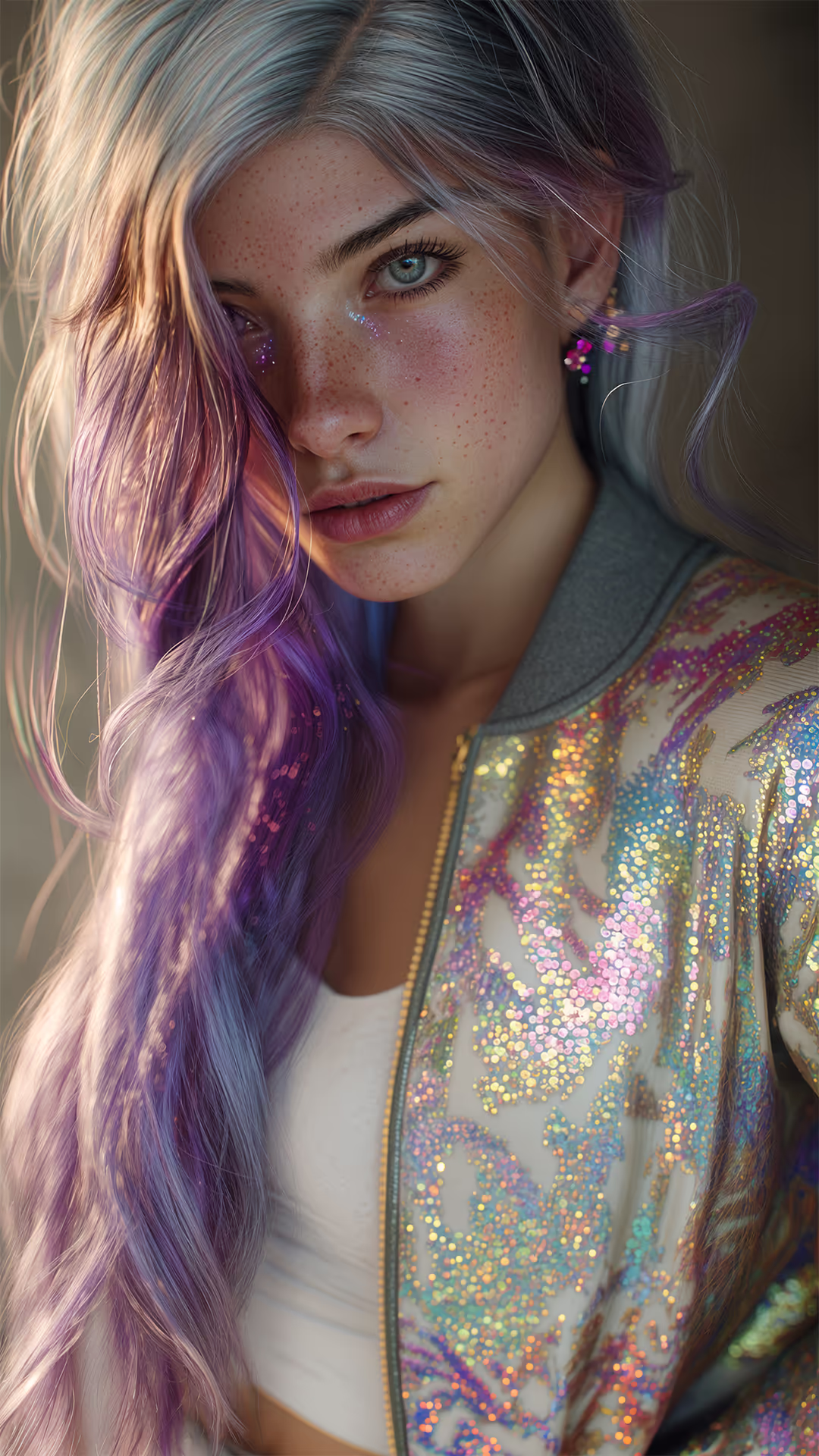 Original Hana Portrait 3 fashion portrait with reflective iridescent jacket and pastel hair.