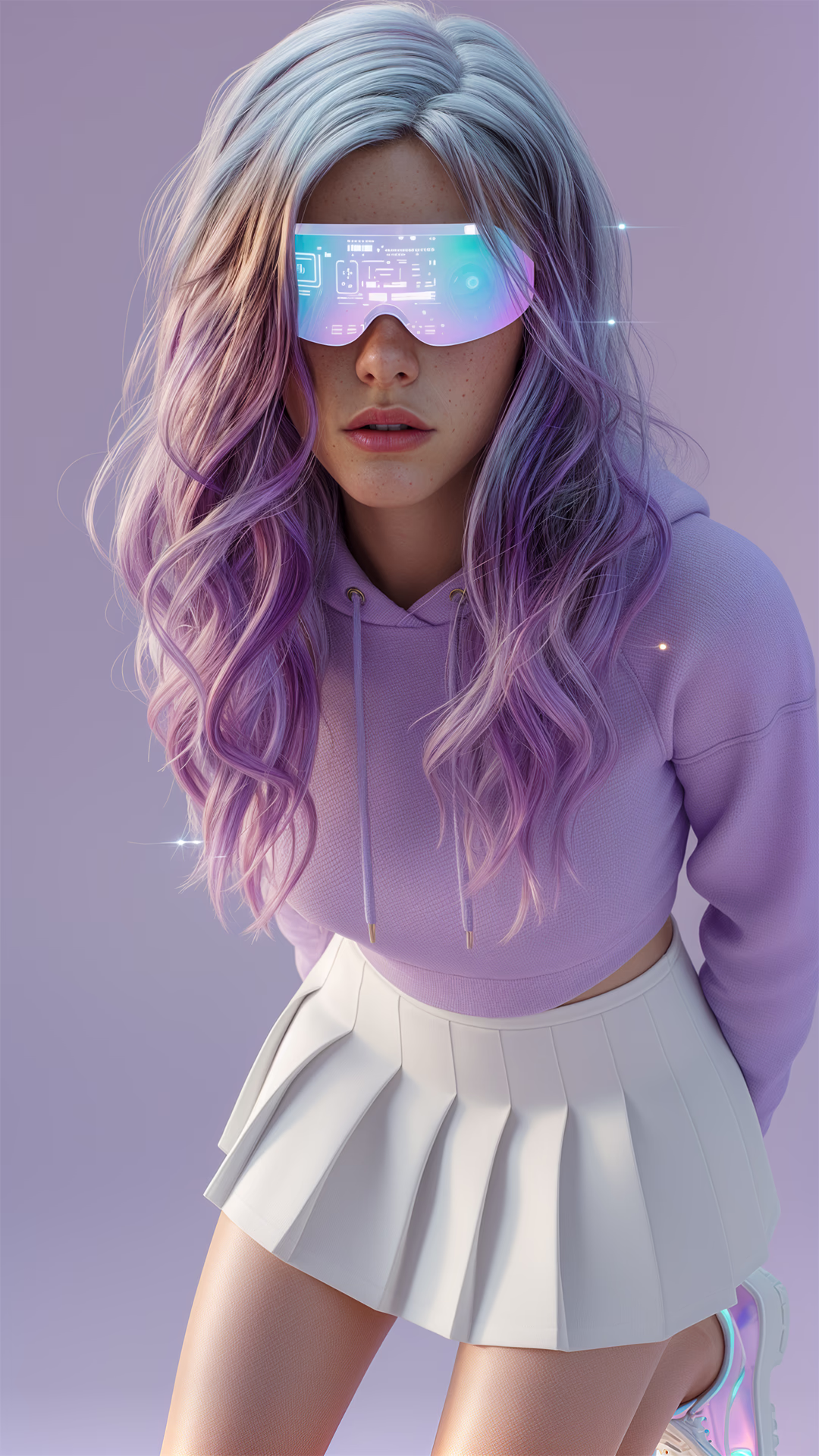 Original Hana Full Body 7 wardrobe study in a pale lavender top and short white skirt.