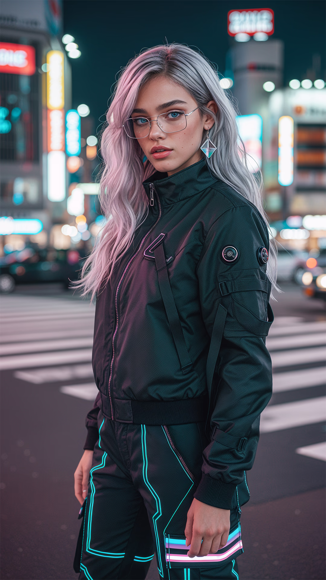Original Hana full-body urban streetwear character image in a nighttime neon city.