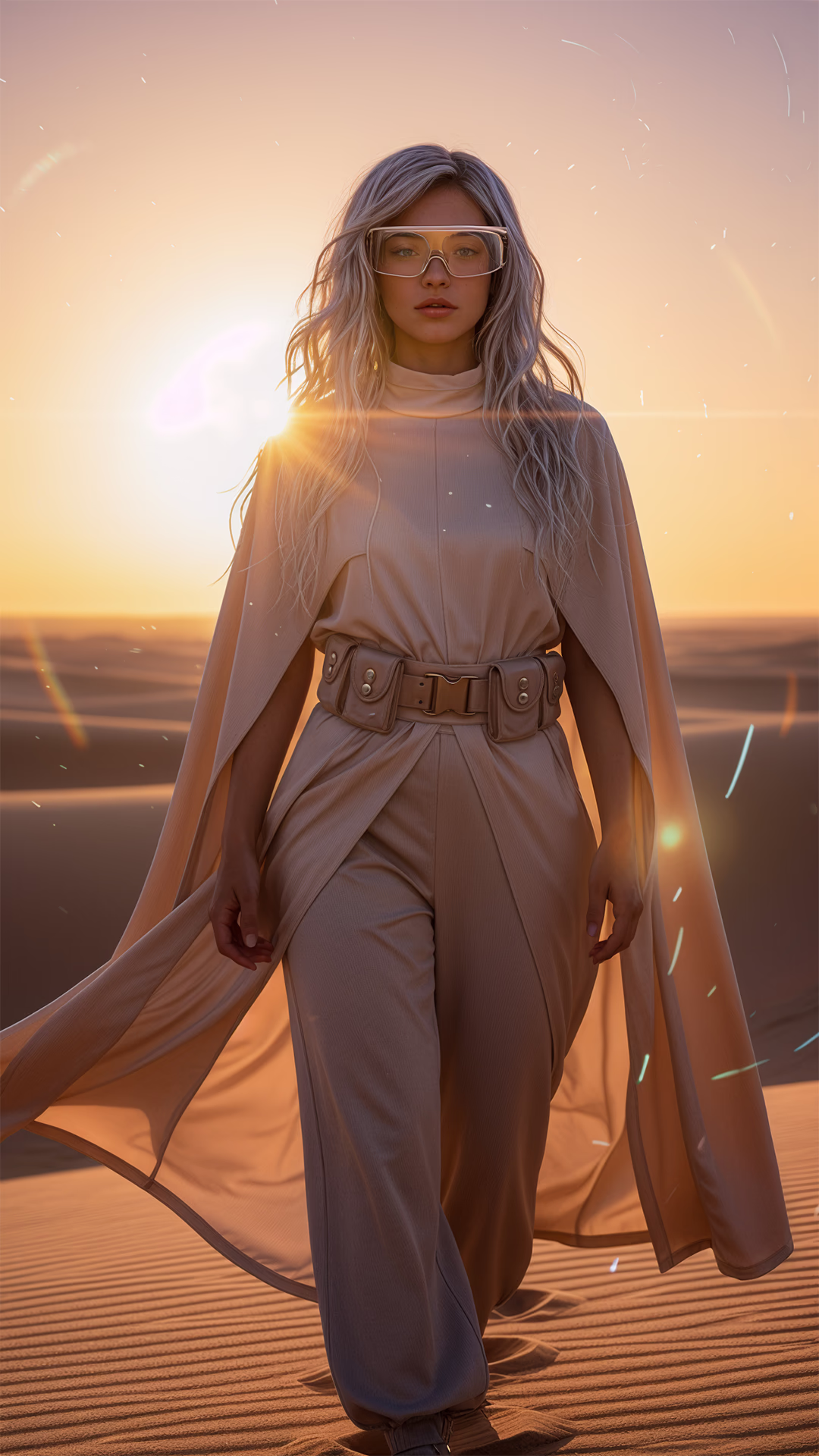 Original Hana in warm evening desert light wearing an airy outfit with a wide landscape behind her.