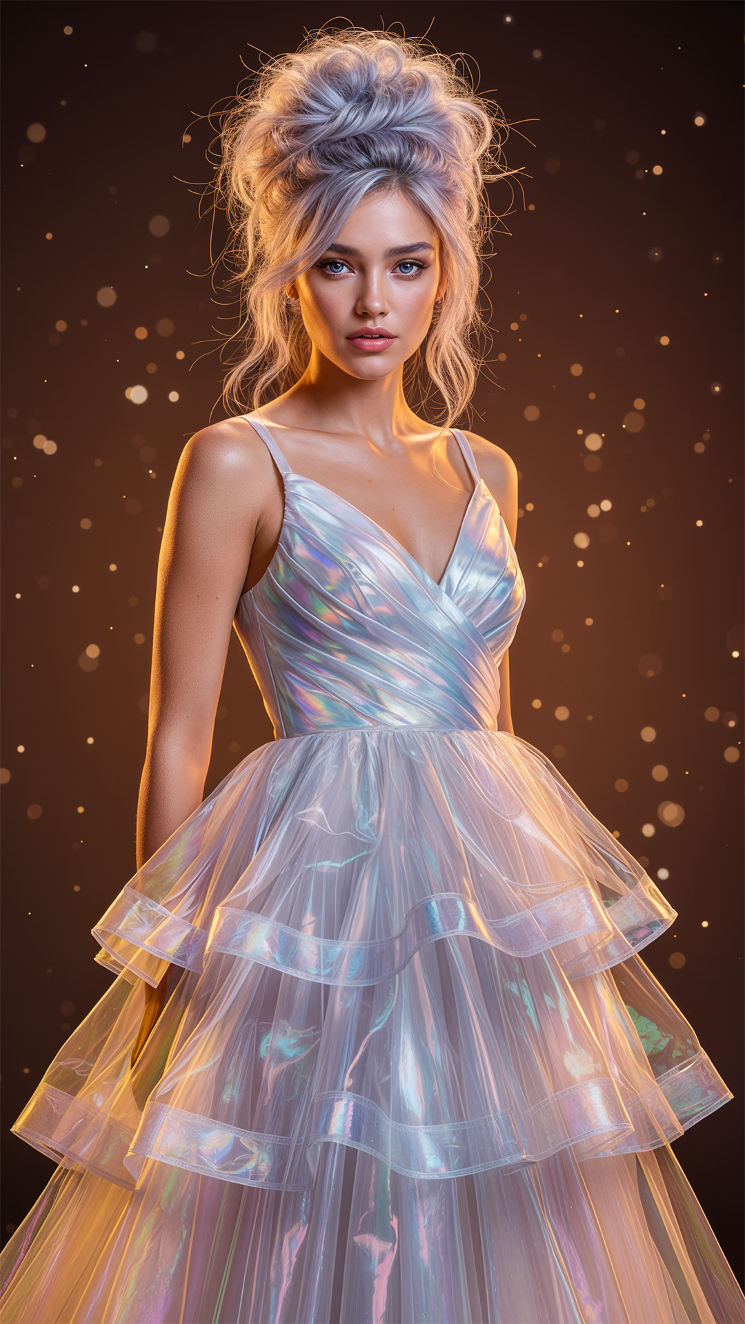 Original Hana in shimmering couture gown with iridescent fabric and bright studio illumination.