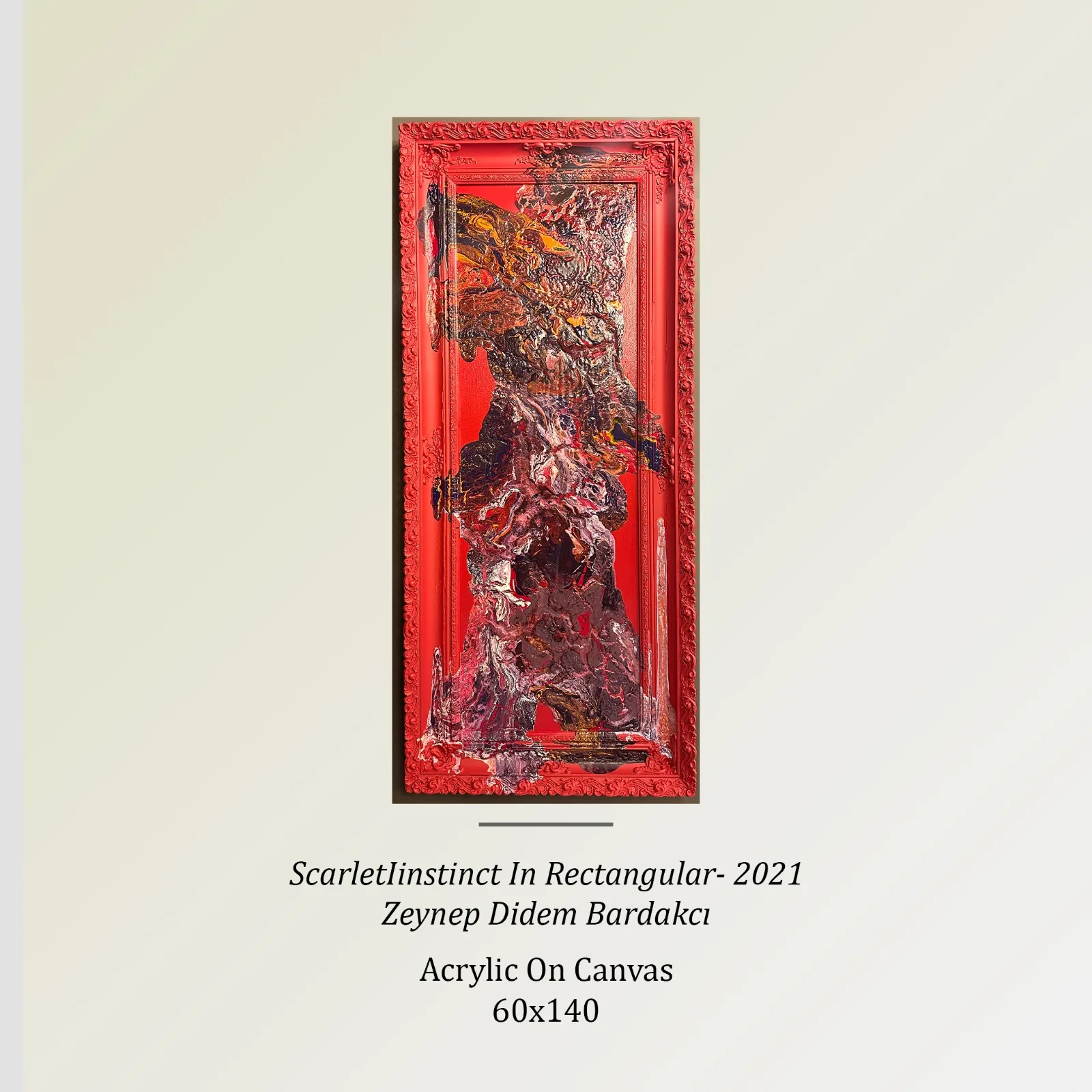 Scarlet Instinct In Rectangular, 2021 — tuval üzerine akrilik, 60×140 cm — Tablo Koleksiyonu, Zeynep Didem Bardakcı