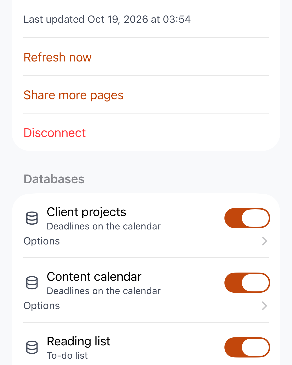 Notion settings: shared databases switched on, used as deadlines or a to-do list