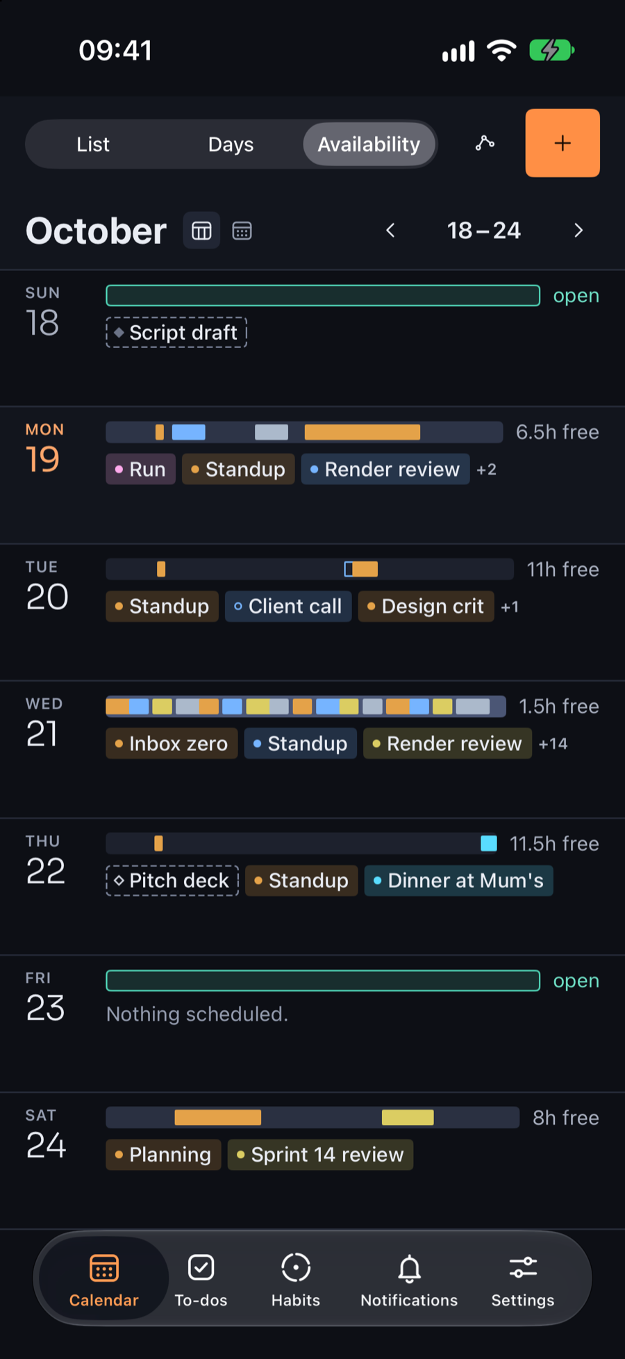 Availability view on iPhone: each day of October 18 to 24 as a bar of busy and free time, with hours free