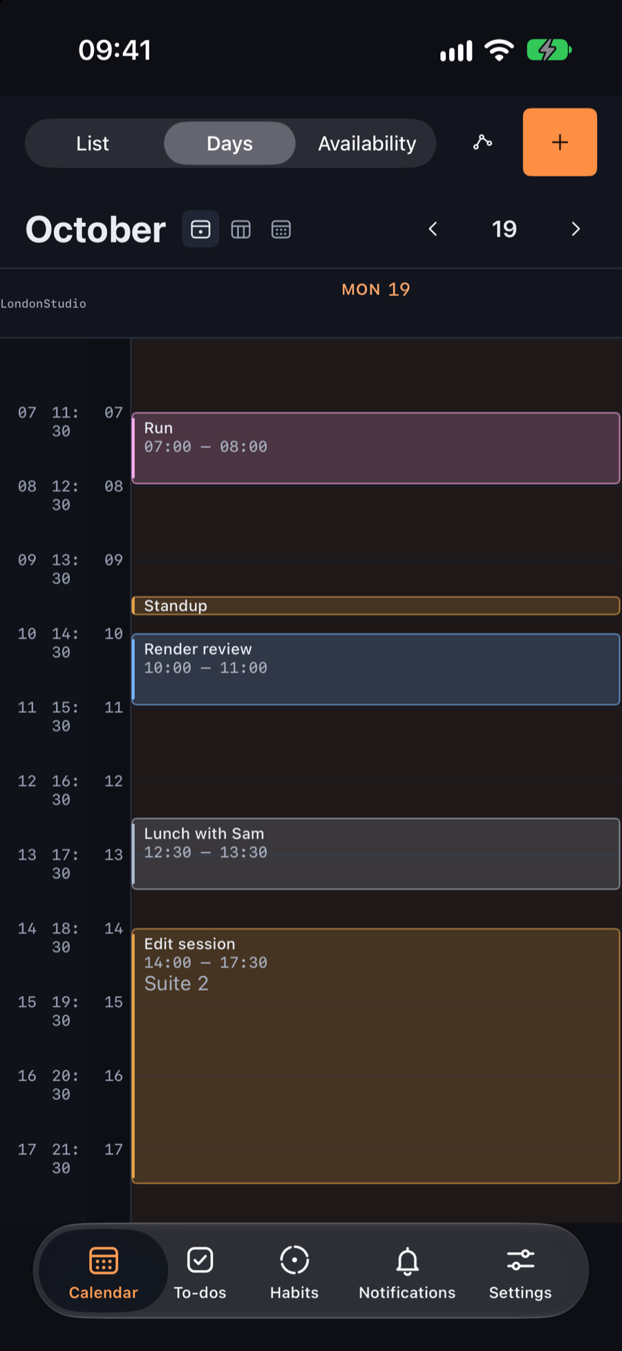 Days view on iPhone: Monday, October 19 hour by hour, with London and Studio time zones down the side