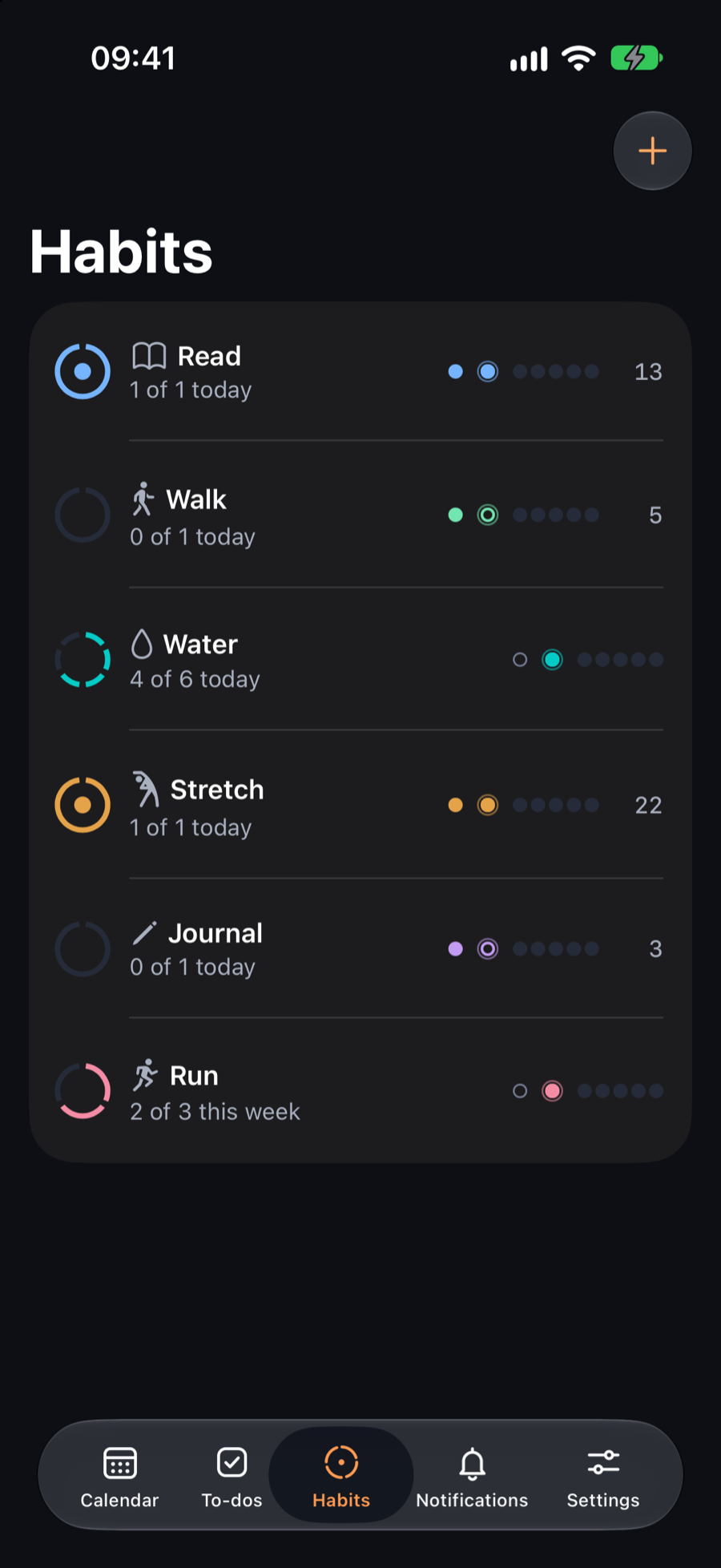 Habits on iPhone: Read, Walk, Water, Stretch, Journal and Run, each with today's progress ring and streak