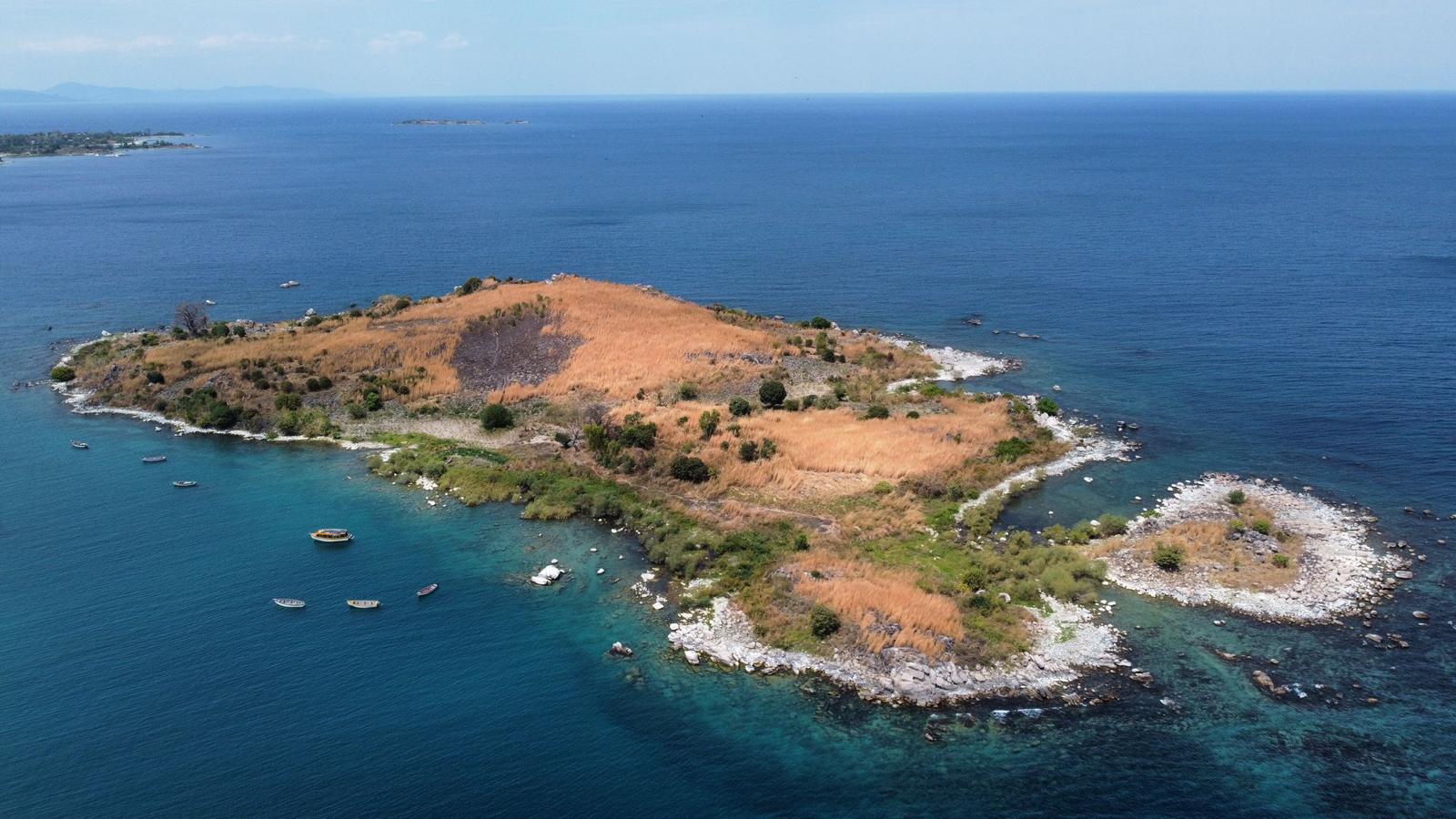 Aerial view of boats on the shore of Lake Malawi