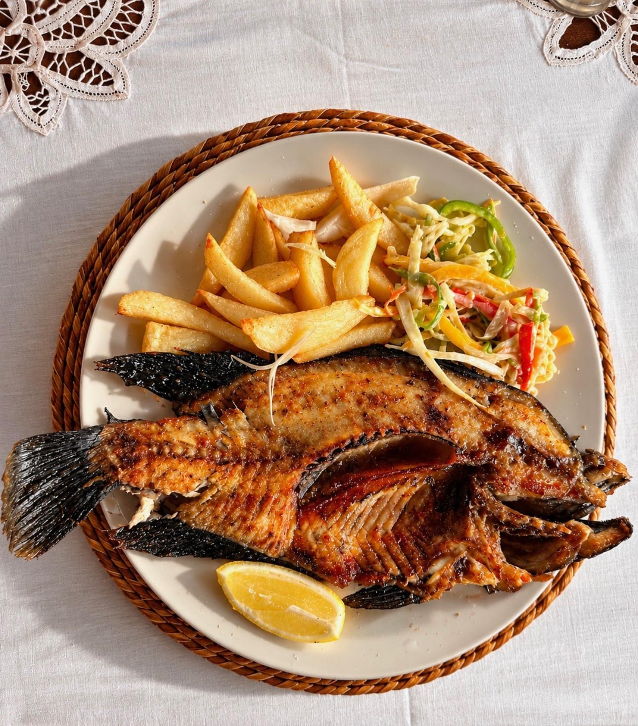 Pan-fried chambo, a Lake Malawi fish dish at Red Zebra Lodge