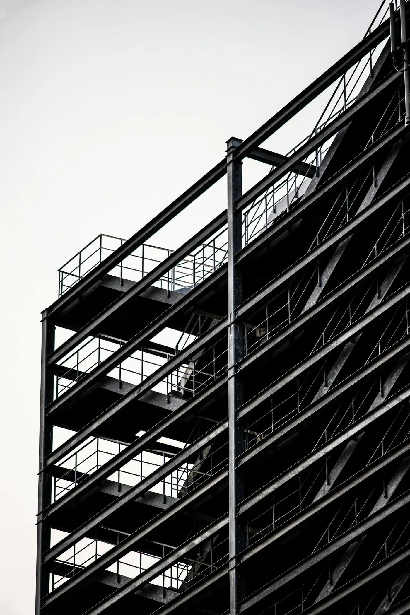 Steel frame of an office building in black and white