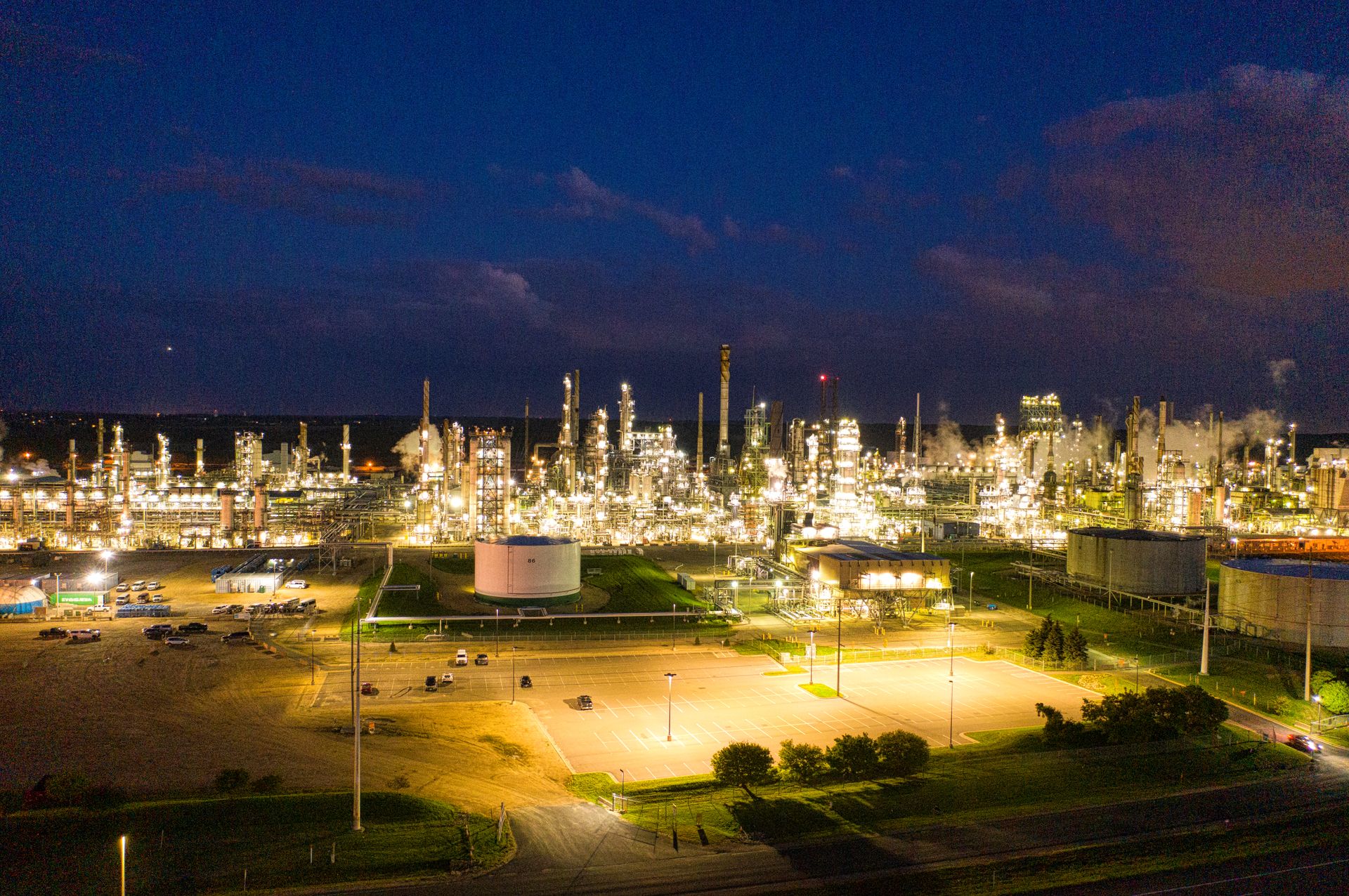Oil refinery lit up at night