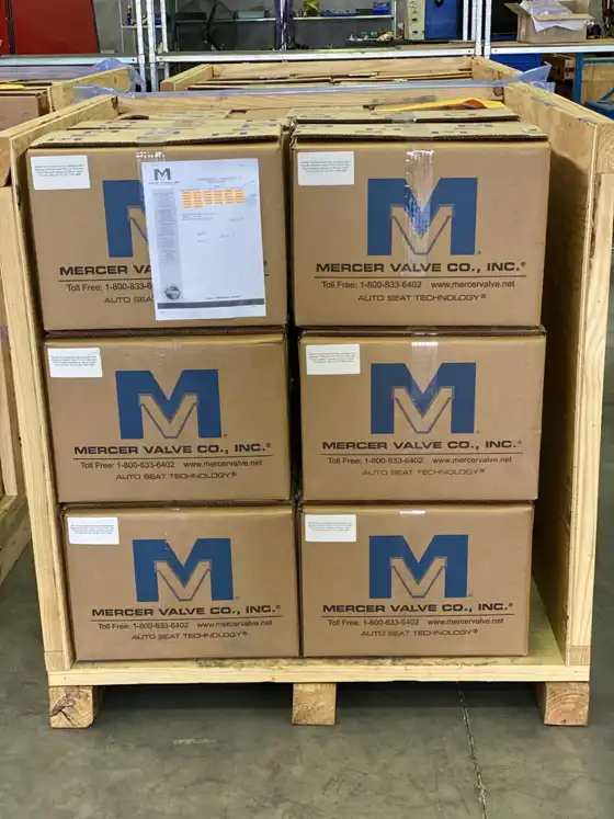 A pallet of boxed Mercer Valve PSVs ready for dispatch