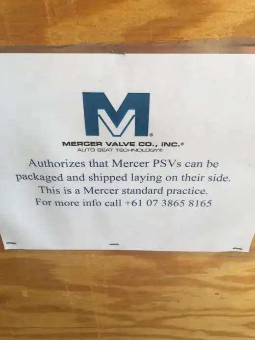 Workshop sign authorising Mercer PSVs to be packaged and shipped on their side