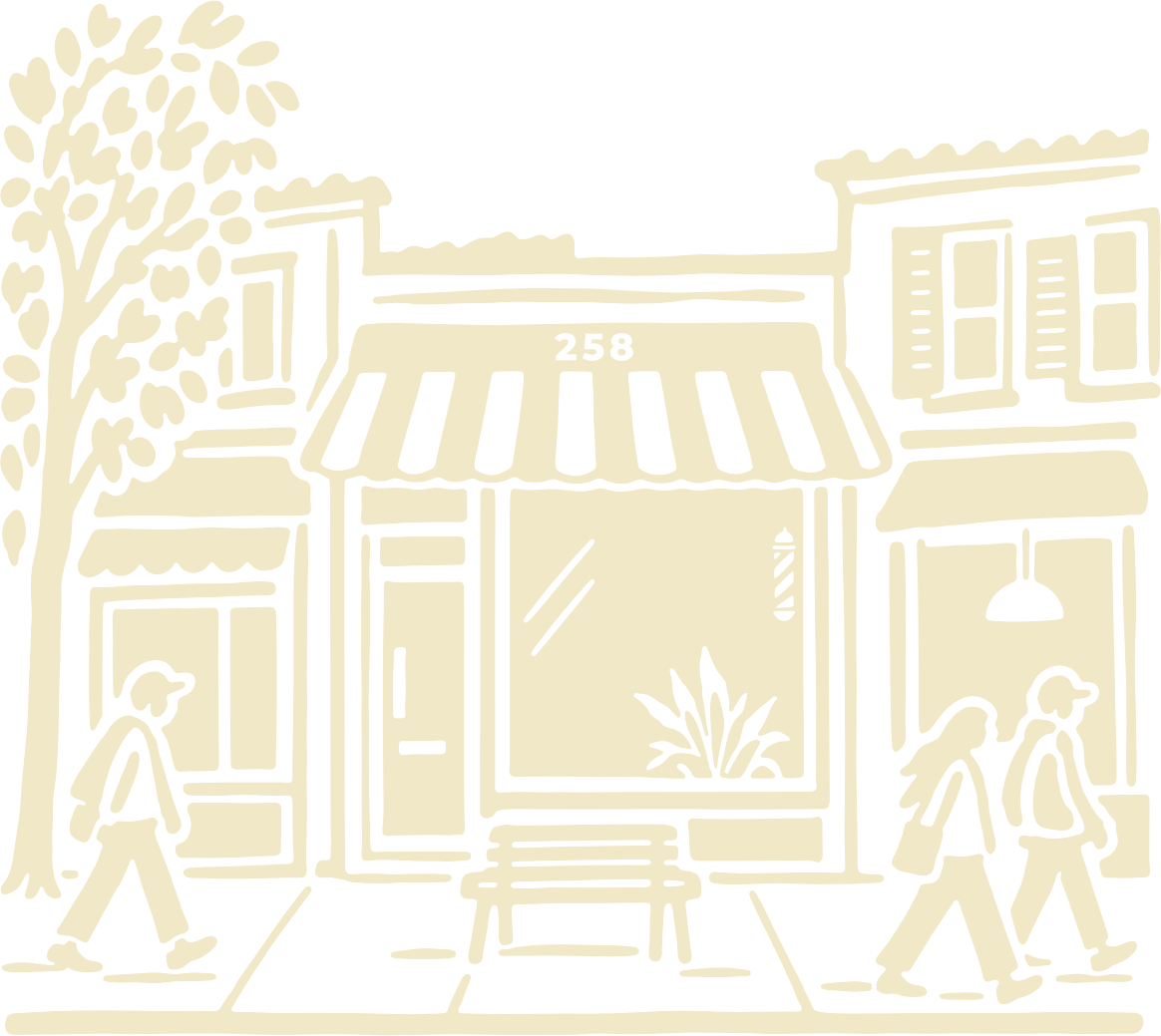 Illustration of The Bloor West Barbershop at 258 Durie Street: a storefront with a striped awning and barber pole, people walking by