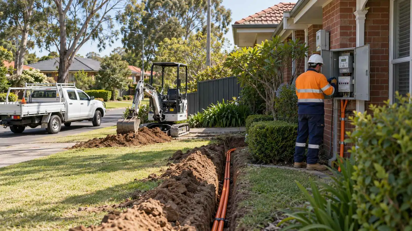 Trench and orange conduit for an underground service line to a Sydney home