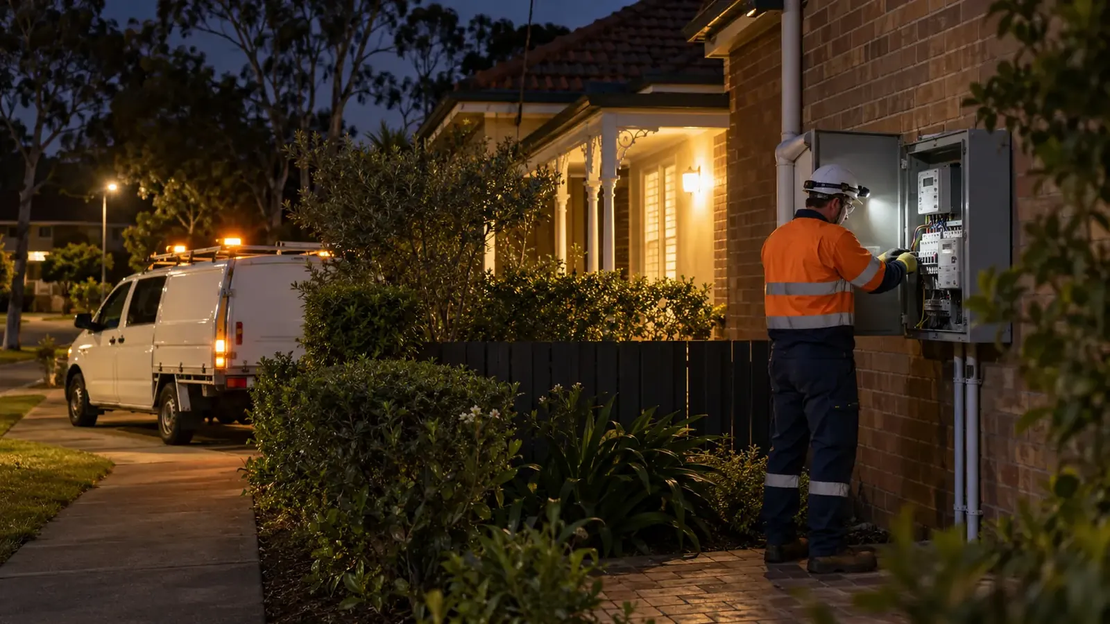 24 hour Level 2 electrician inspecting a meter box at night