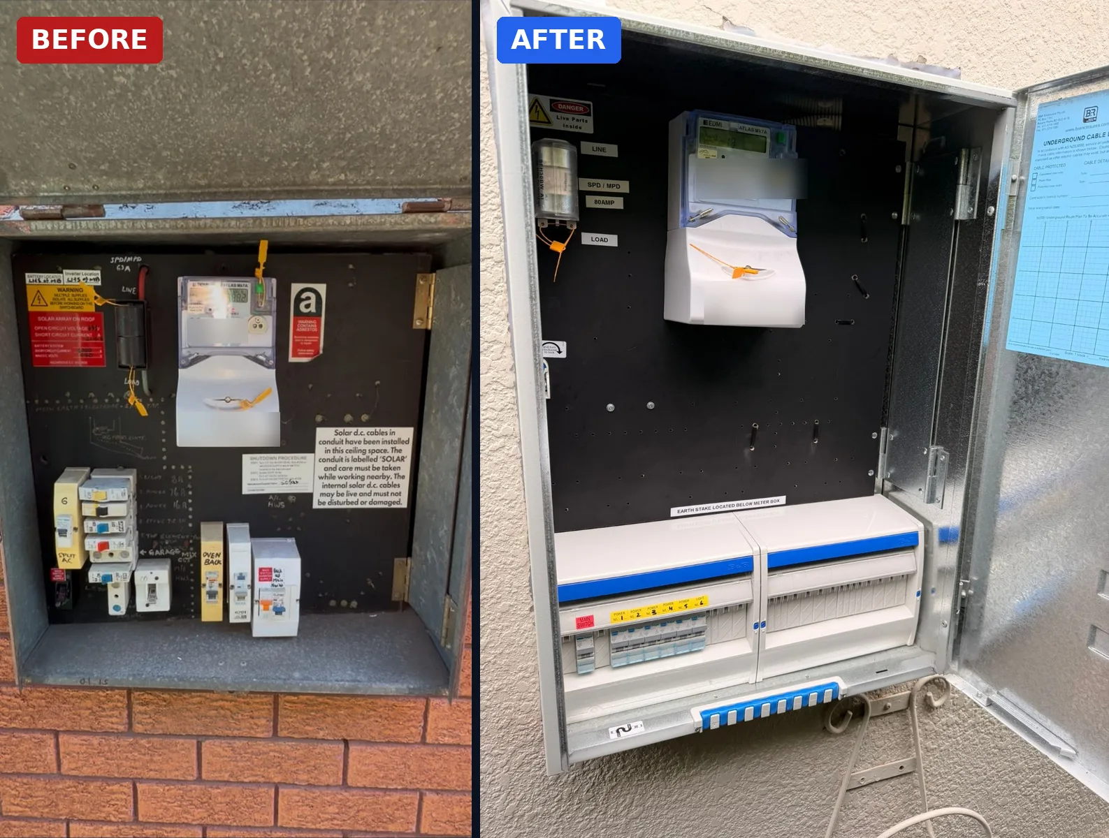 Old asbestos meter board with ceramic fuses beside a new compliant meter box with circuit breakers