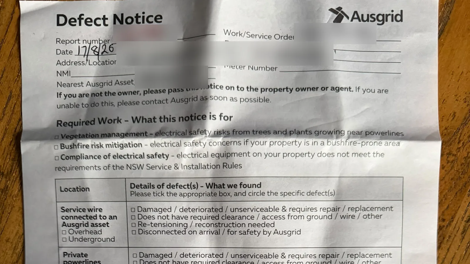 Ausgrid defect notice issued to a Sydney property owner