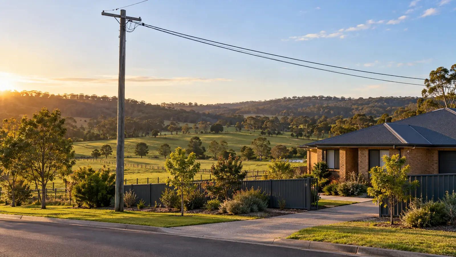 Macarthur acreage edge with a timber power pole and green paddocks