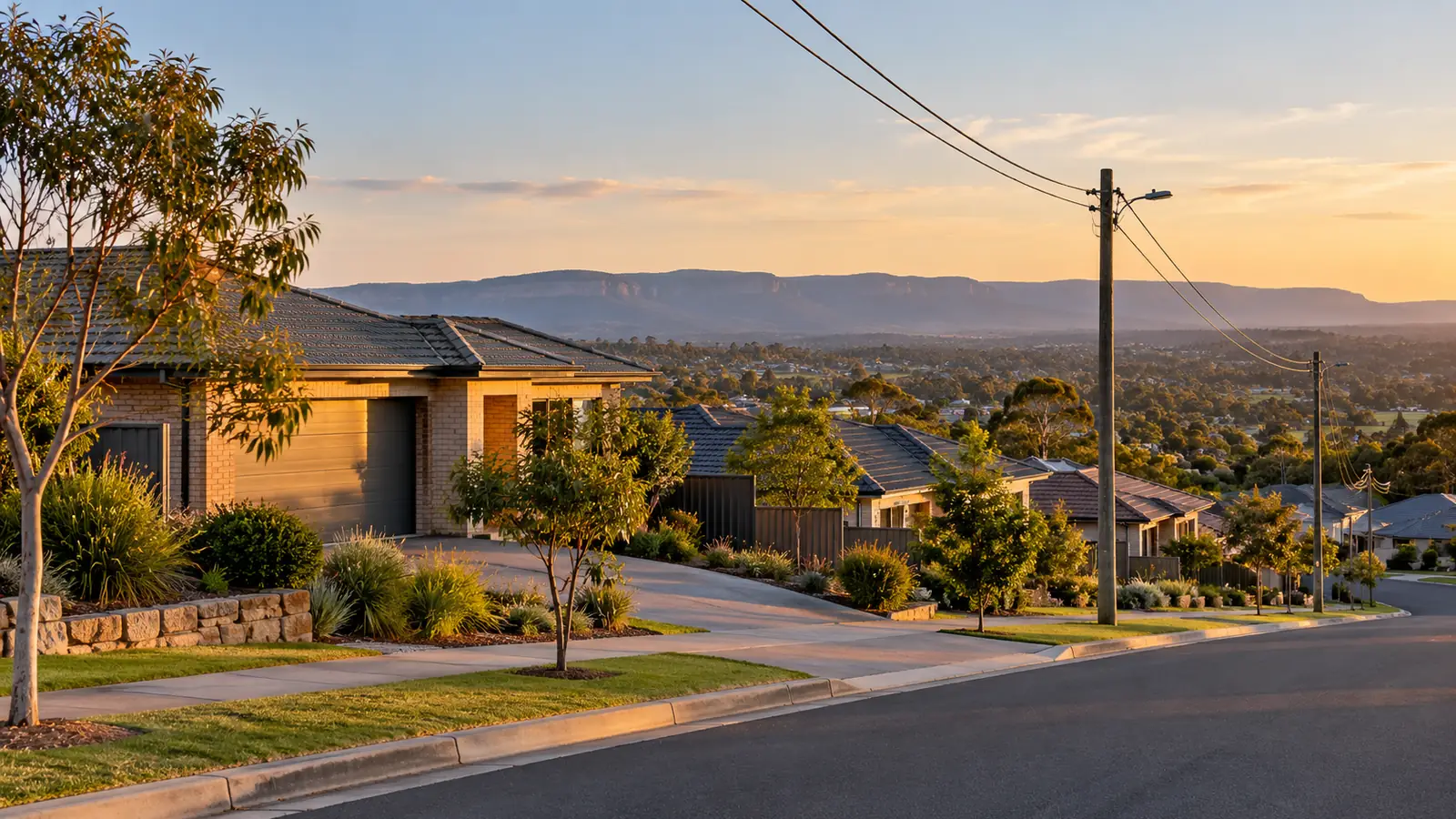 Penrith street at golden hour with the Blue Mountains behind