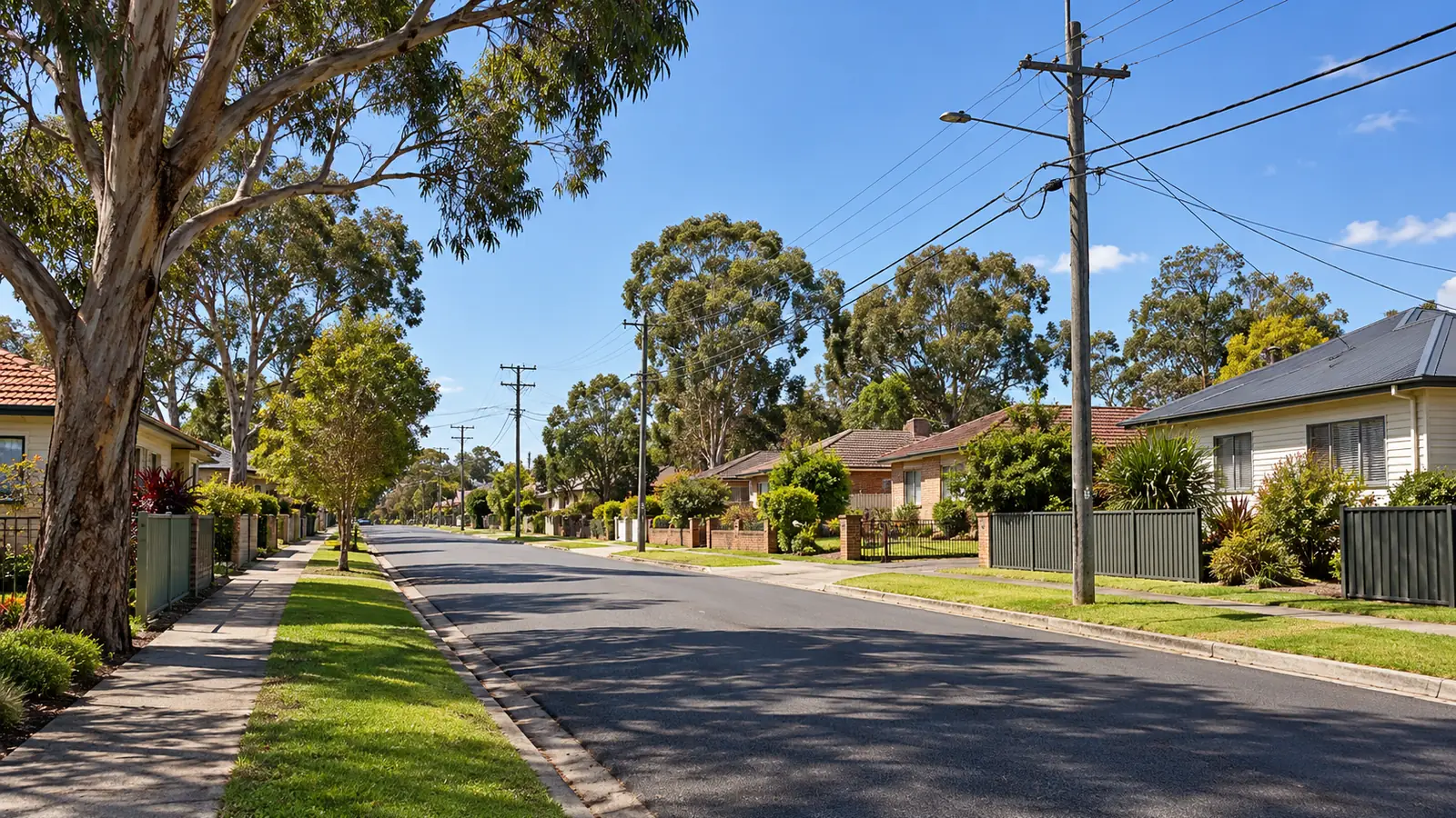 South West Sydney street with gum trees and timber power poles