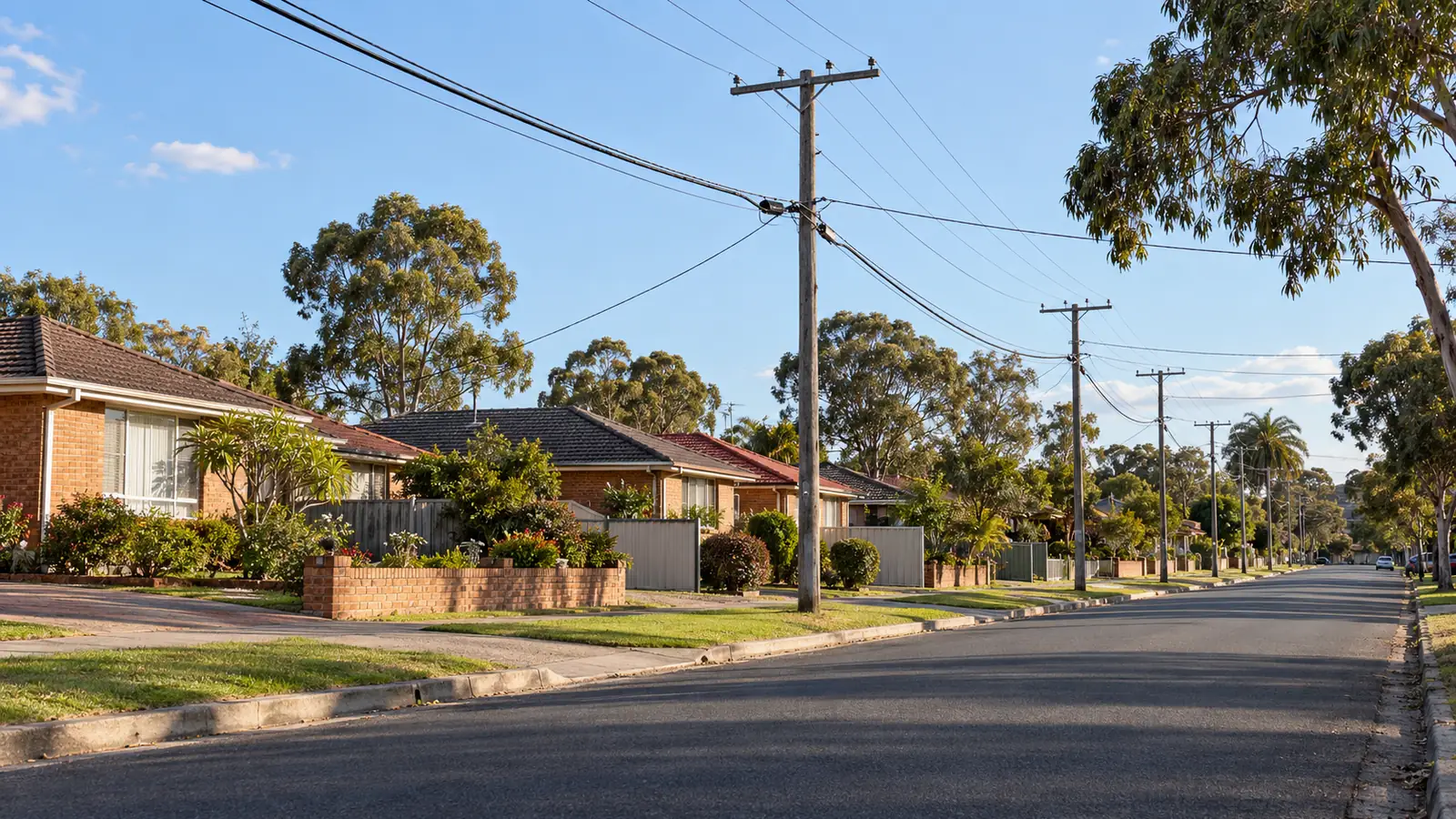 Western Sydney street of brick homes under overhead power lines