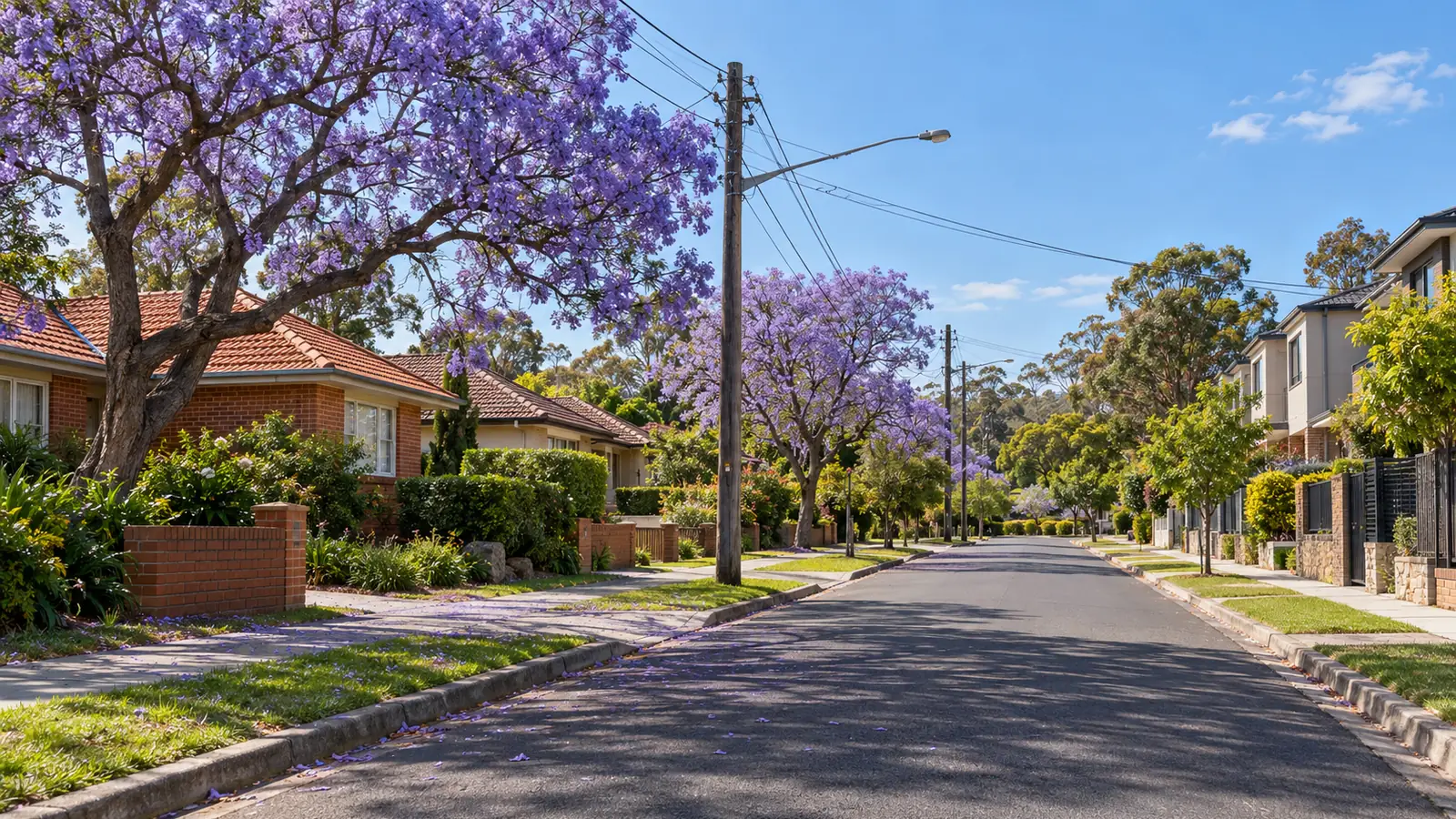 Jacaranda-lined Ryde street with timber power poles